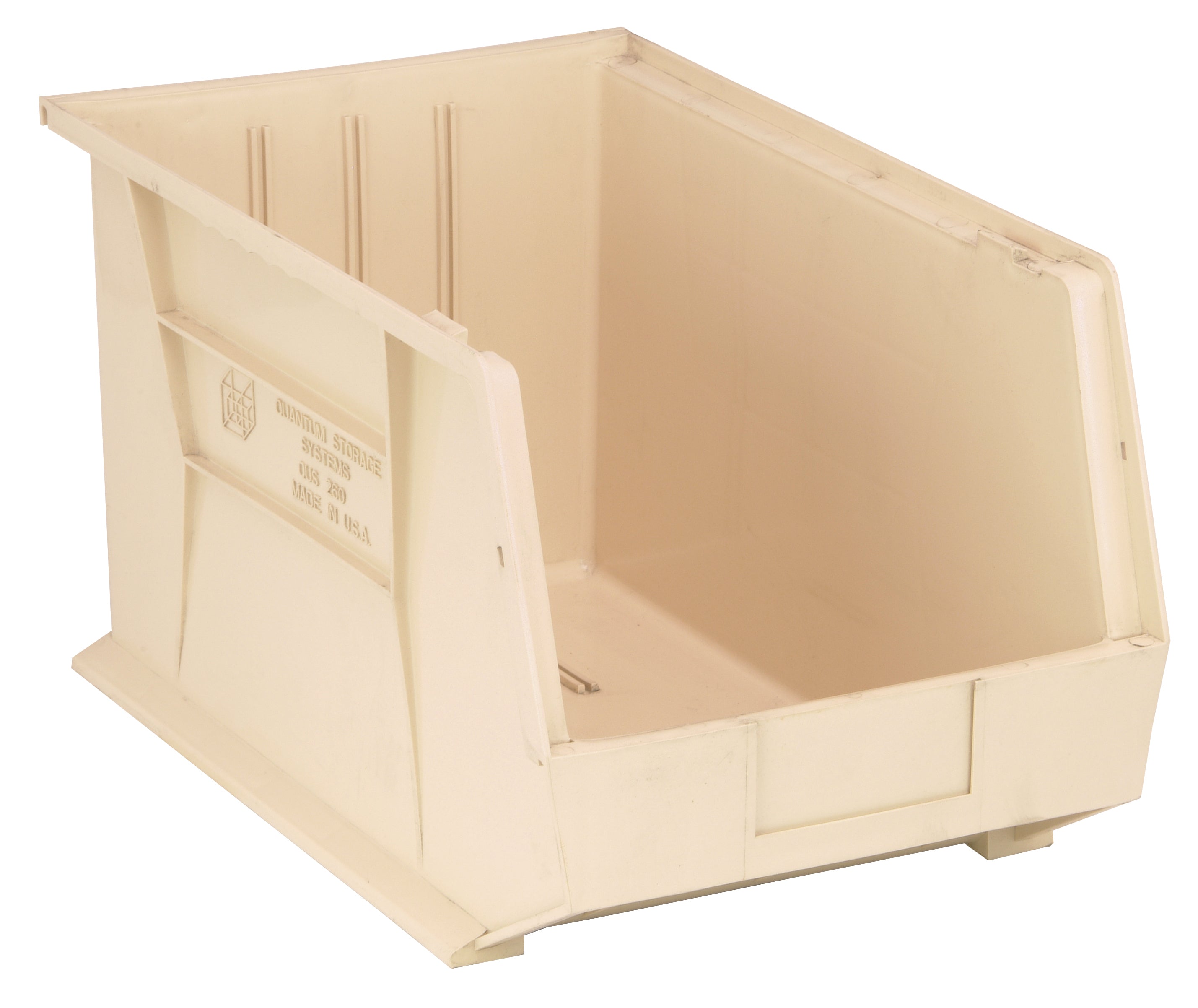 Bin, stacking or hanging, 11"W x 18"D x 10"H, front/back/side grips, anti-slide lock, (3) divider slot, rear hanger, molded-in label holder, polypropylene, ivory, Made in USA, case of 4