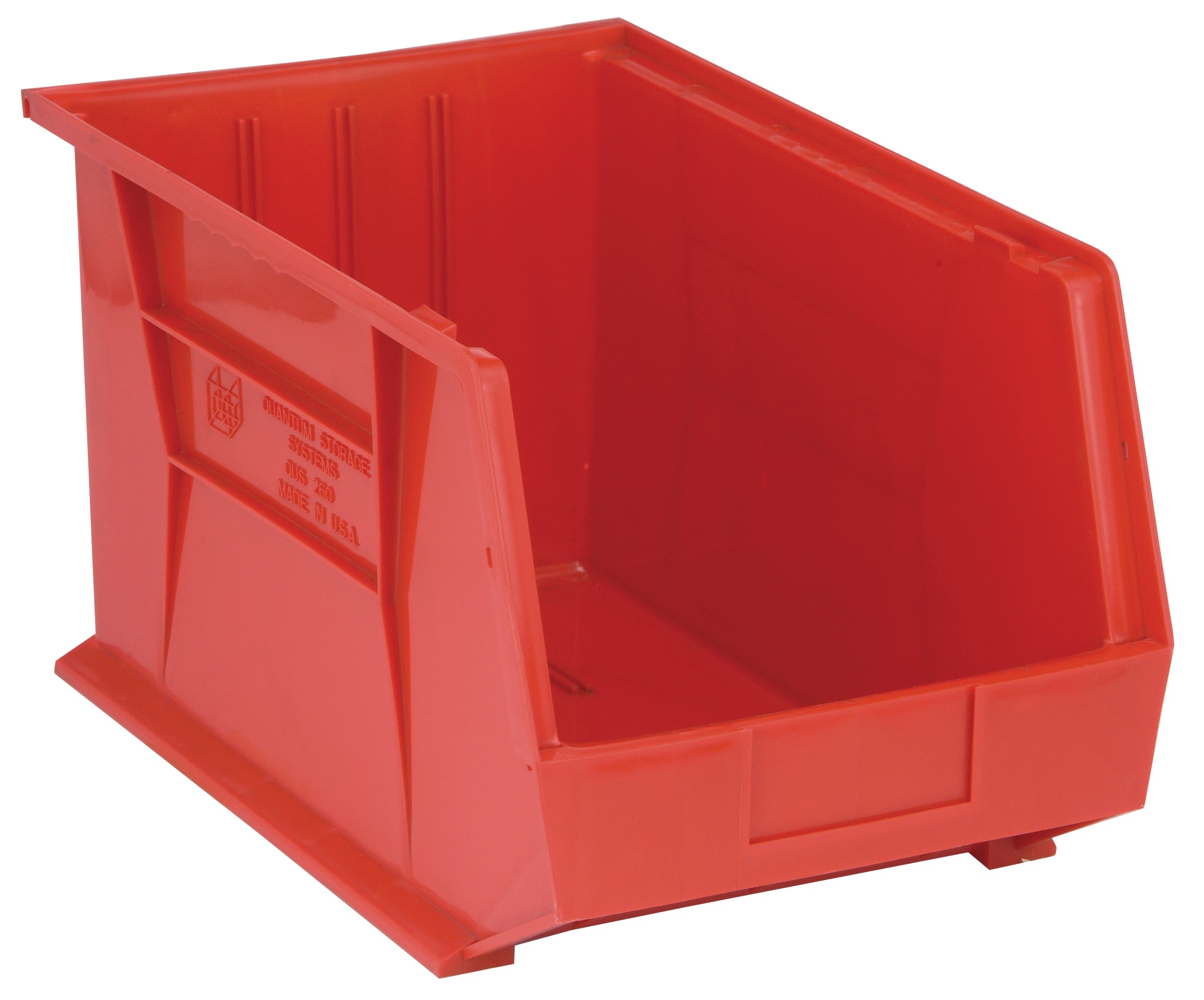 Bin, stacking or hanging, 11"W x 18"D x 10"H, front/back/side grips, anti-slide lock, (3) divider slot, rear hanger, molded-in label holder, polypropylene, red, Made in USA, case of 4