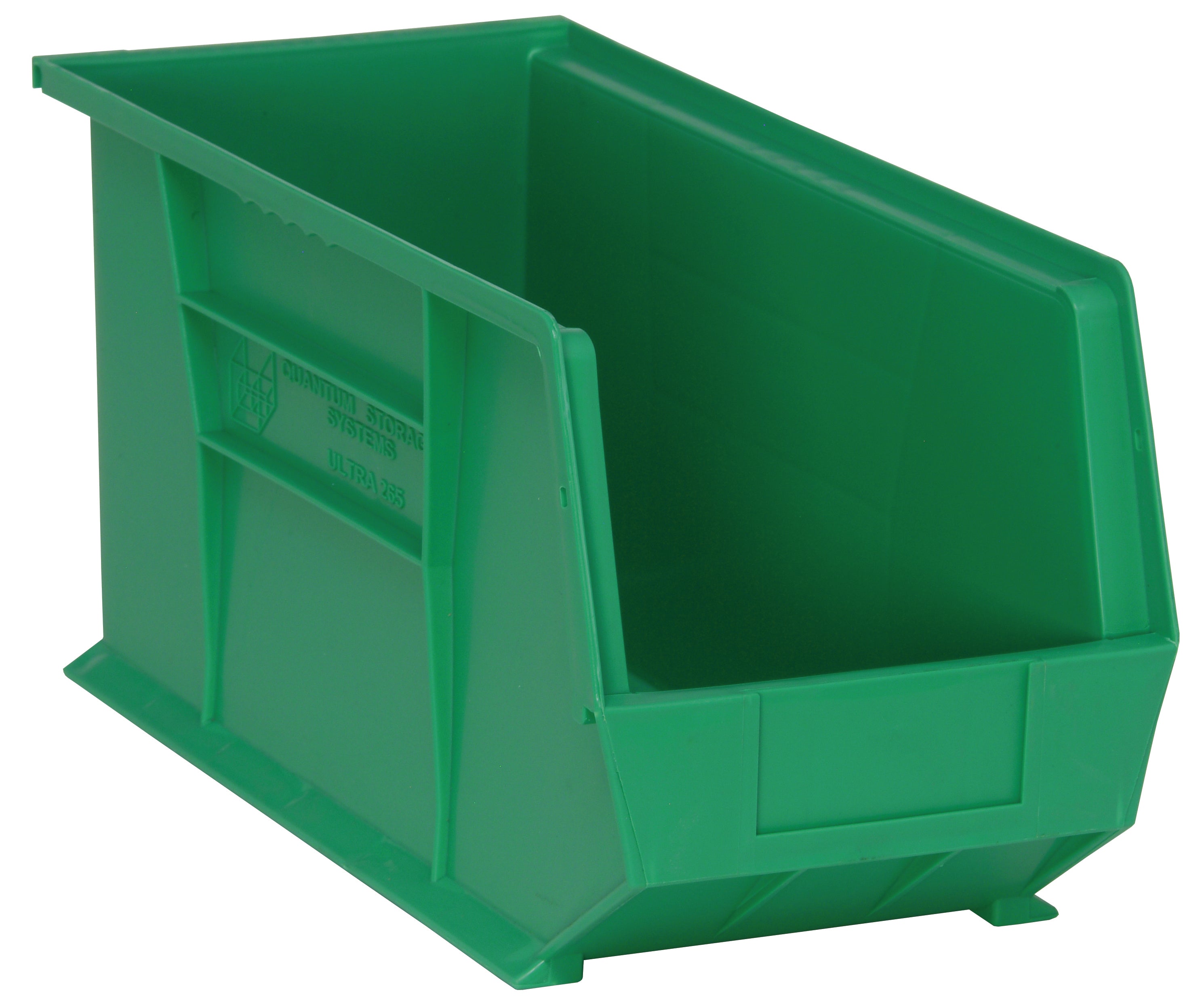 Bin, stacking or hanging, 8-1/4"W x 18"D x 9"H, front/back/side grips, anti-slide lock, (1) divider slot, rear hanger, molded-in label holder, polypropylene, green, Made in USA, case of 6