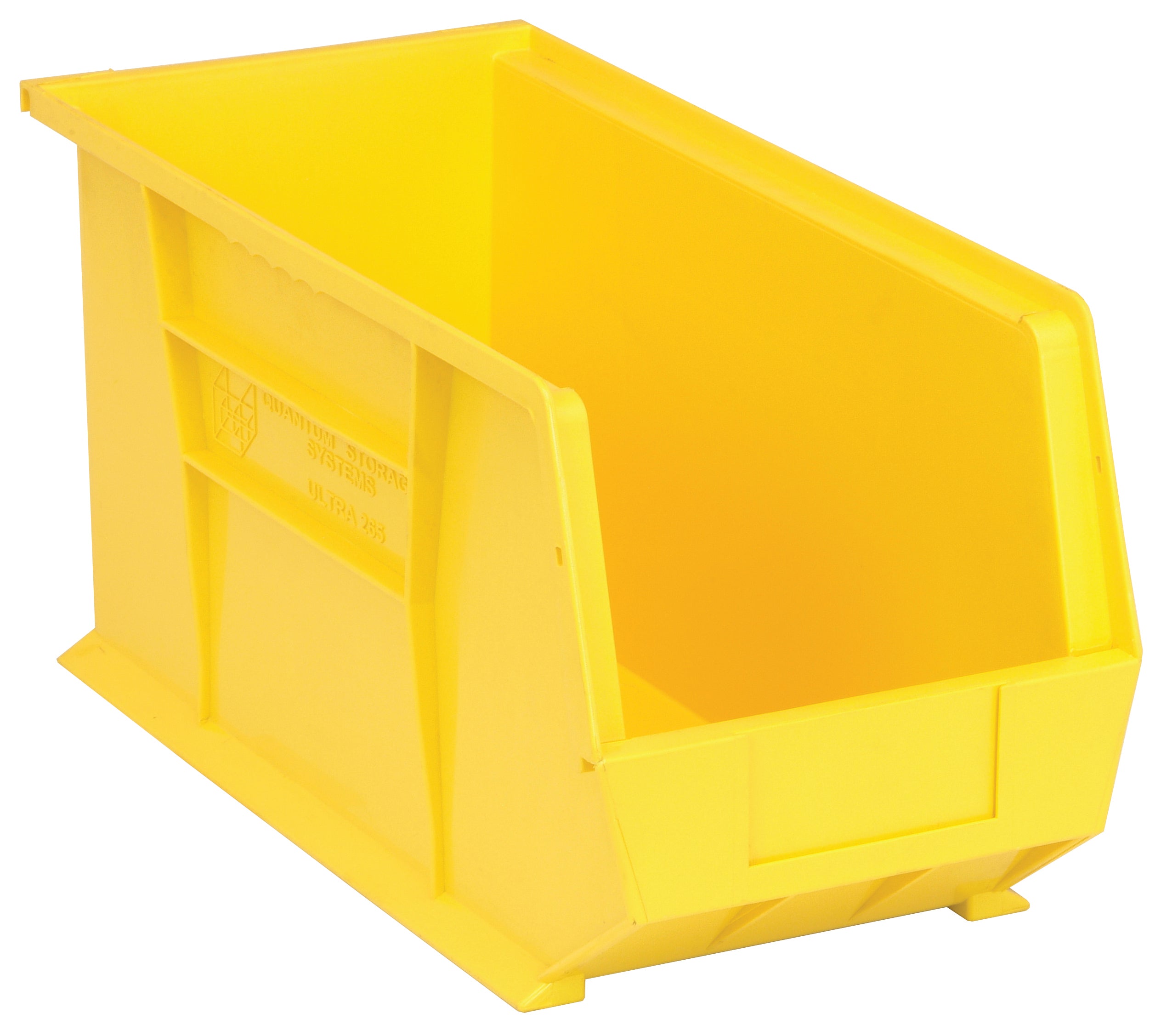 Bin, stacking or hanging, 8-1/4"W x 18"D x 9"H, front/back/side grips, anti-slide lock, (1) divider slot, rear hanger, molded-in label holder, polypropylene, yellow, Made in USA, case of 6