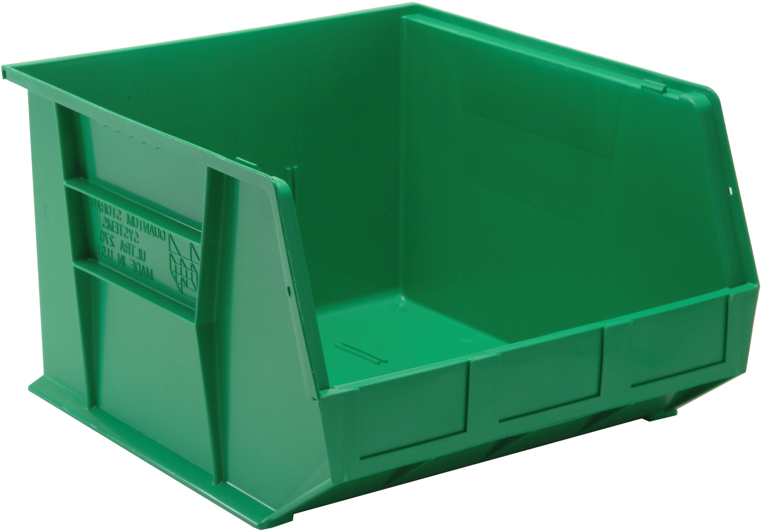 Bin, stacking or hanging, 16-1/2"W x 18"D x 11"H, front/back/side grips, anti-slide lock, (3) divider slot, rear hanger, molded-in label holder, polypropylene, green, Made in USA, case of 3