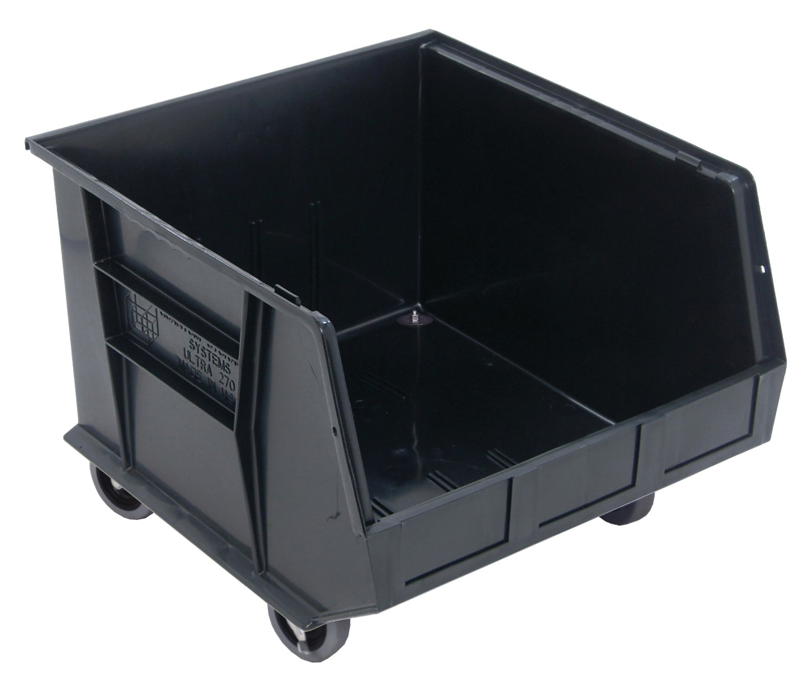 Bin, stacking or hanging, 16-1/2"W x 18"D x 14"H, front/back/side grips, anti-slide lock, (3) divider slots, rear hanger, molded-in label holder, polypropylene, (4) 3" swivel casters, black, Made in USA, case of 3