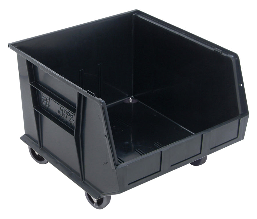 Bin, stacking or hanging, 16-1/2"W x 18"D x 14"H, front/back/side grips, anti-slide lock, (3) divider slots, rear hanger, molded-in label holder, casters, recycled, black, Made in USA, case of 3