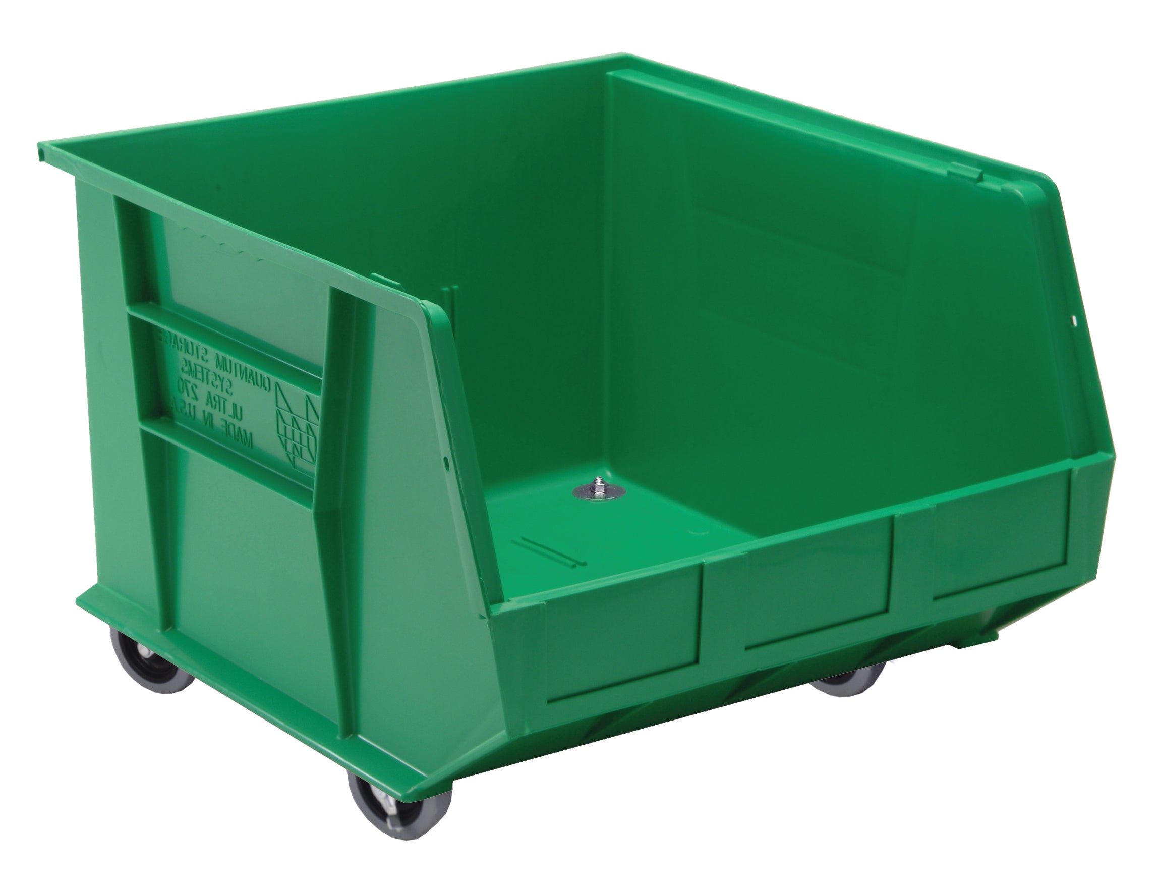 Bin, stacking or hanging, 16-1/2"W x 18"D x 14"H, front/back/side grips, anti-slide lock, (3) divider slots, rear hanger, molded-in label holder, polypropylene, (4) 3" swivel casters, green, Made in USA, case of 3