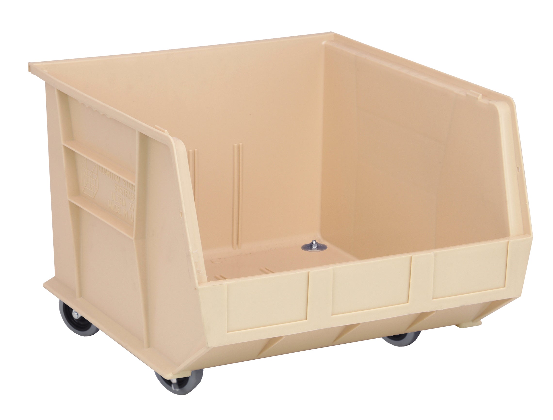 Bin, stacking or hanging, 16-1/2"W x 18"D x 14"H, front/back/side grips, anti-slide lock, (3) divider slots, rear hanger, molded-in label holder, polypropylene, (4) 3" swivel casters, ivory, Made in USA, case of 3