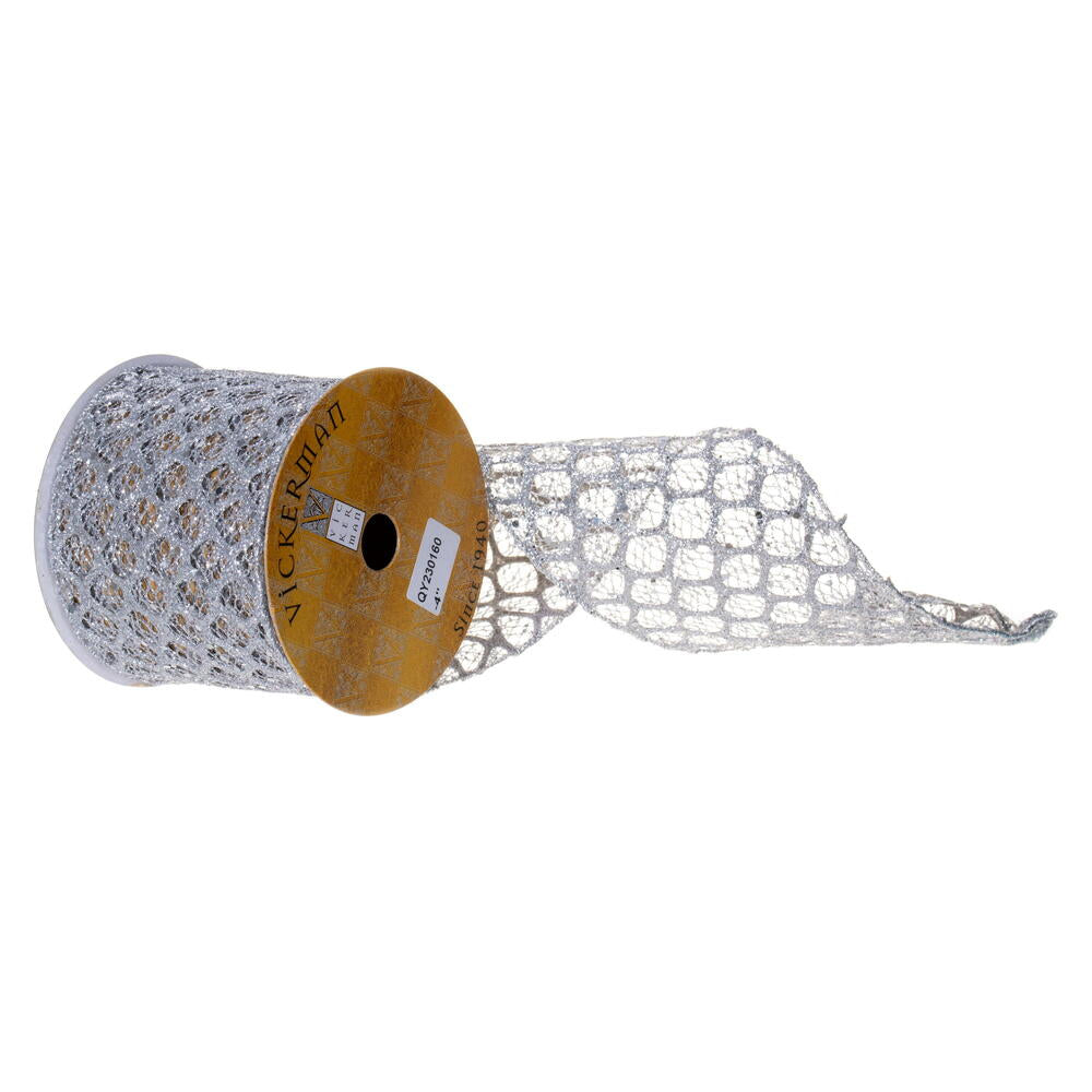 4X10Y Silver Glitter Sequin Net Ribbon