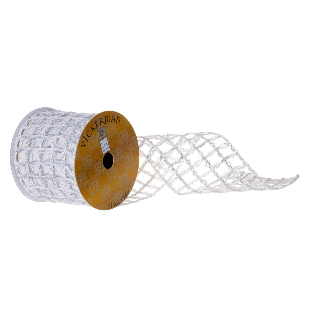 4X10Y Whte Jute Silvr Tinsel Grid Rbbon