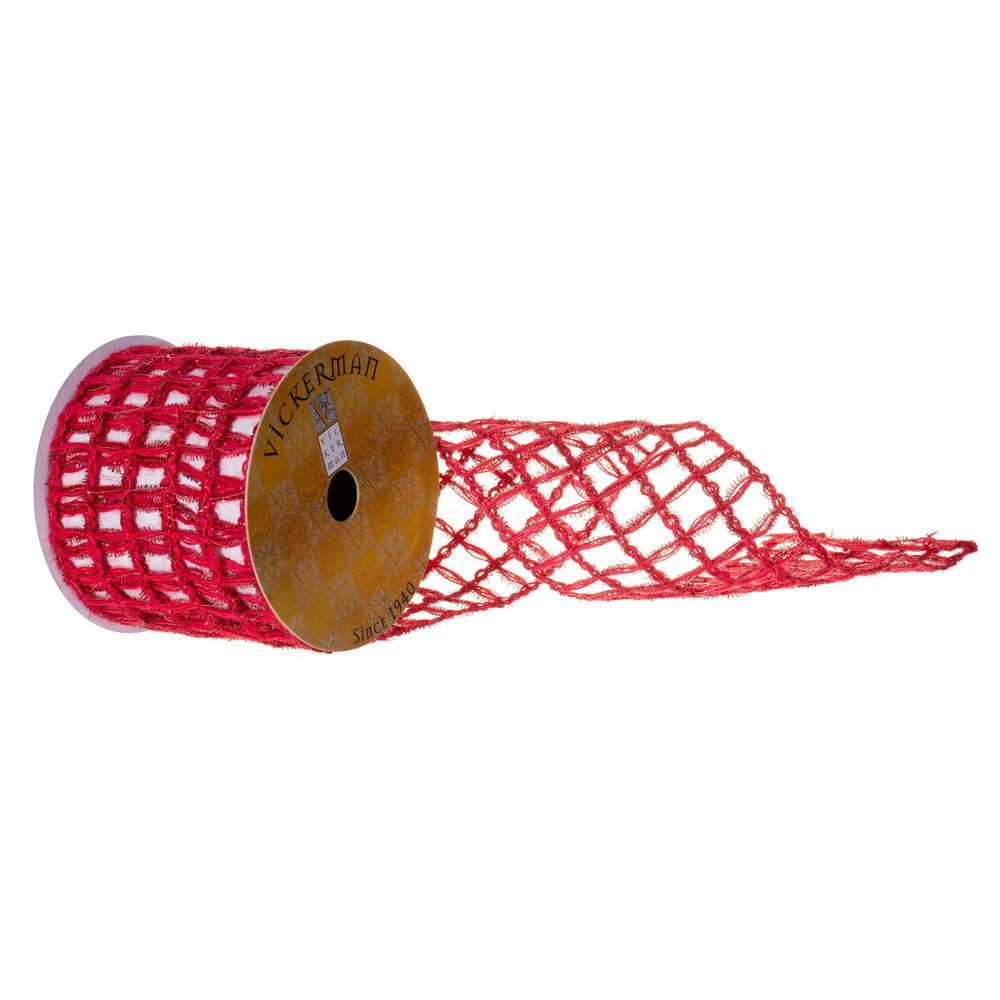 4X10Y Red Jute Tinsel Grid Ribbon