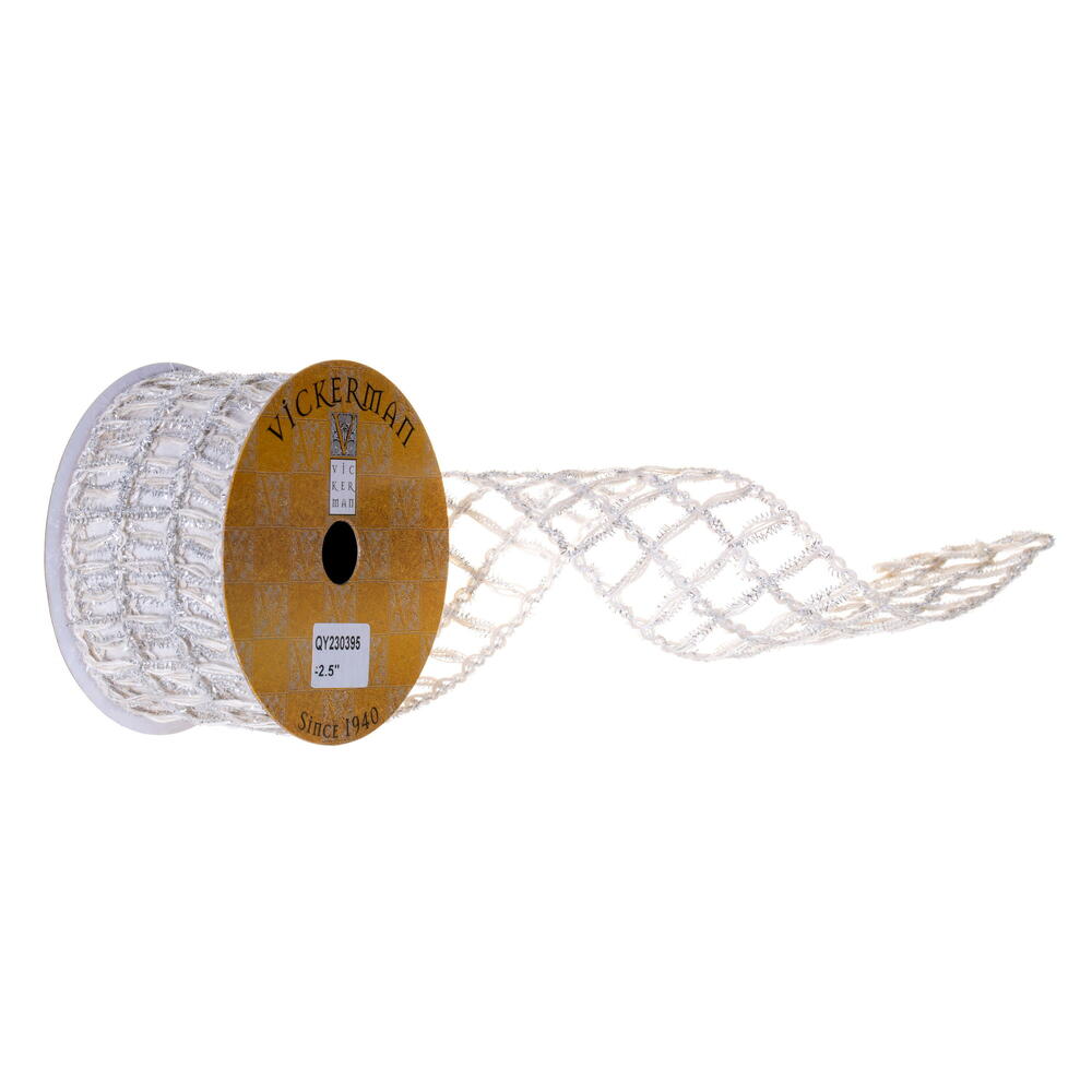 2.5”X10Y Wht Jute Slvr Tinsl Grid Ribbon