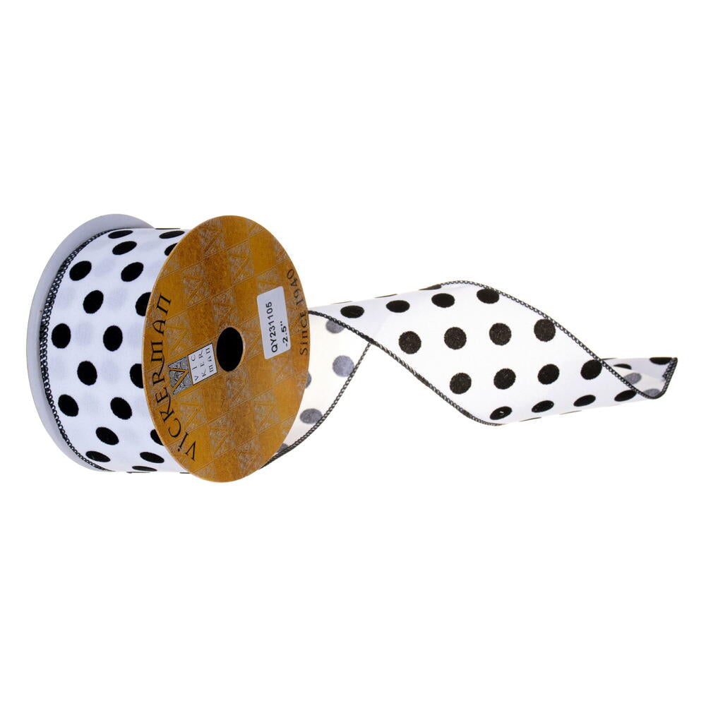 2.5”X10Y Black Velvet White Dot Rbbon