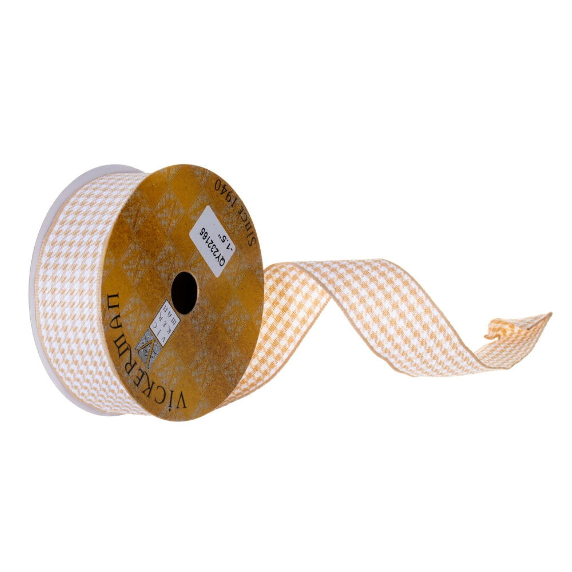 Vickerman 1.5” x 10 Yard Tan and White Houndstooth Ribbon