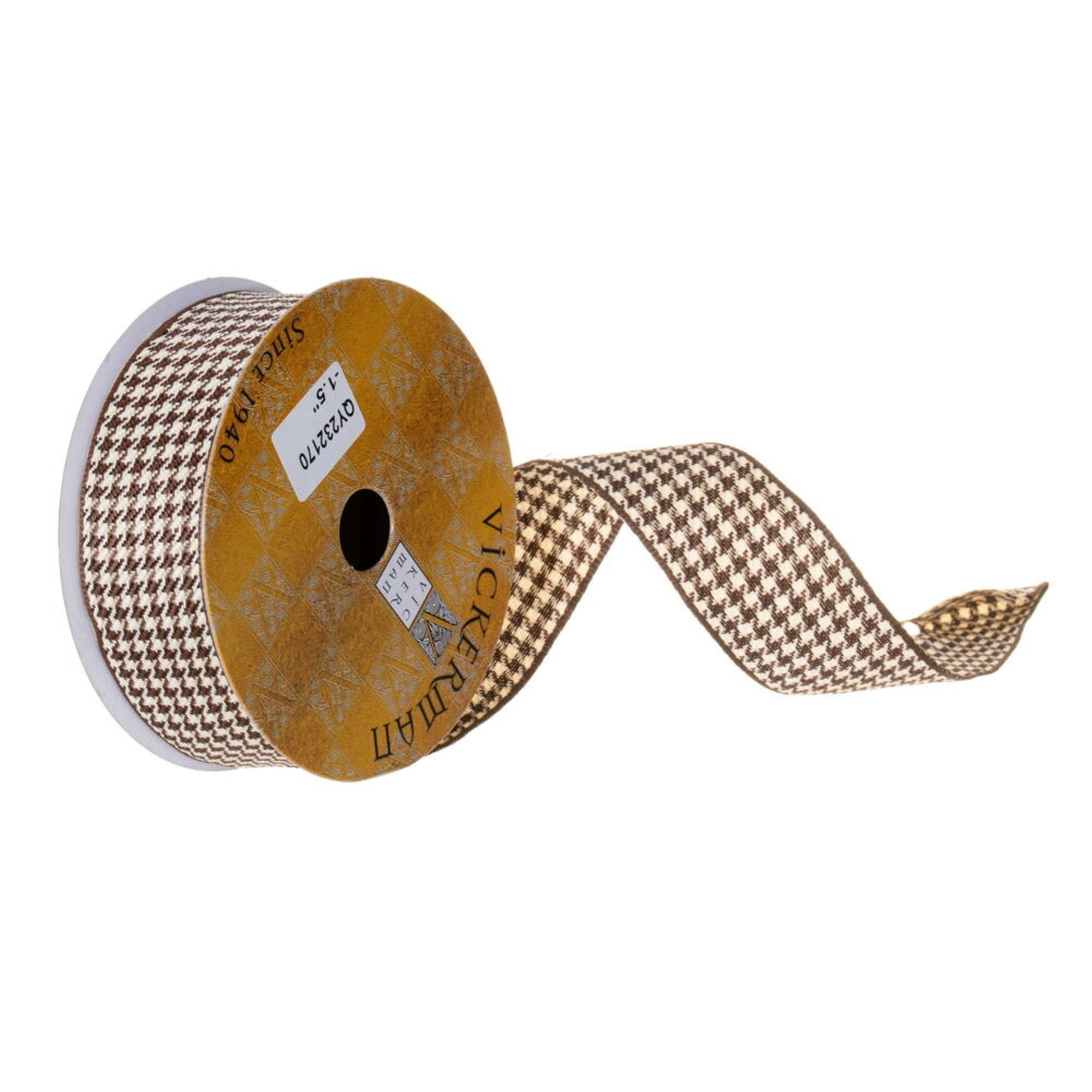 Vickerman 1.5” x 10 Yard Brown and White Houndstooth Wired Ribbon
