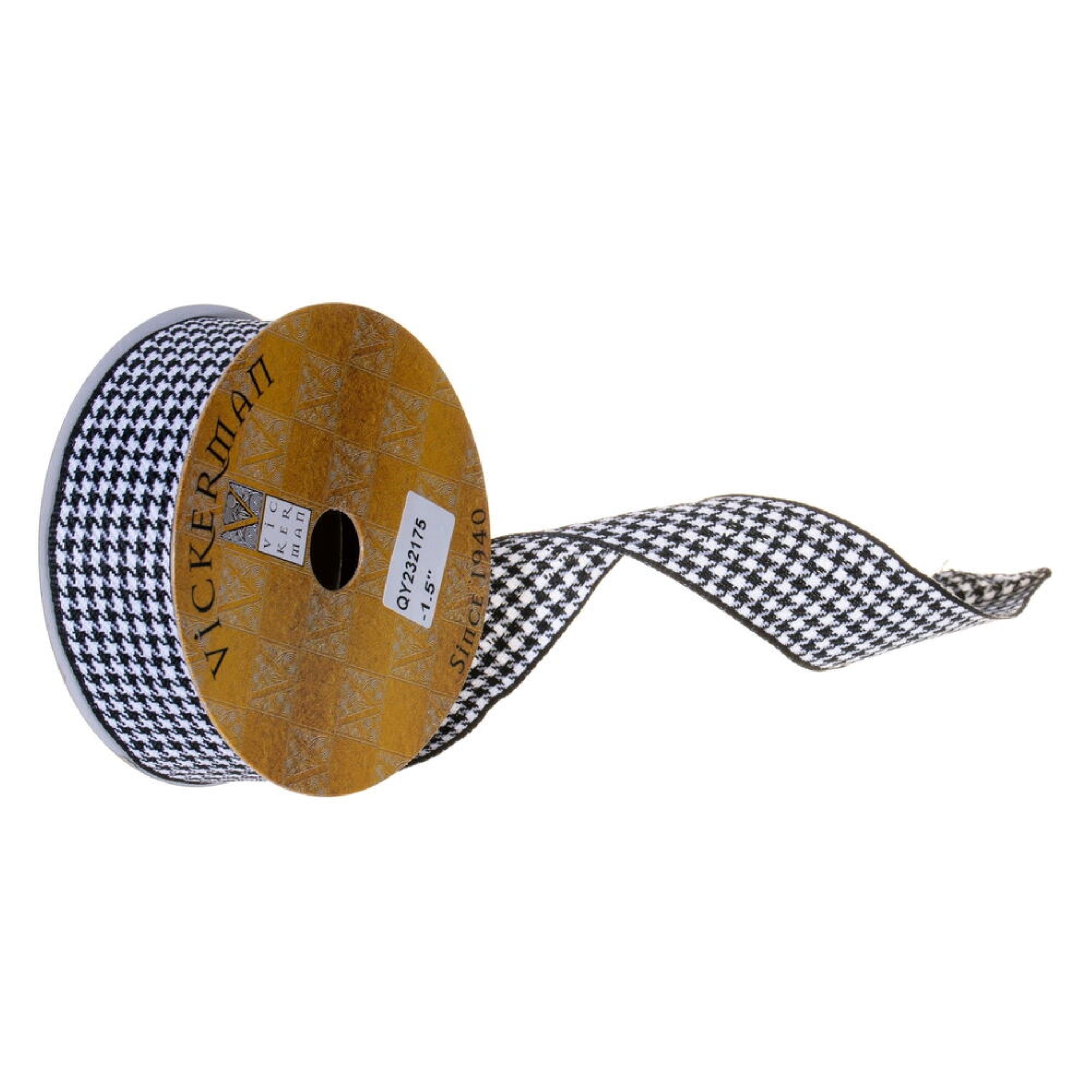 Vickerman 1.5” x 10 Yard Black and White Houndstooth Wired Ribbon