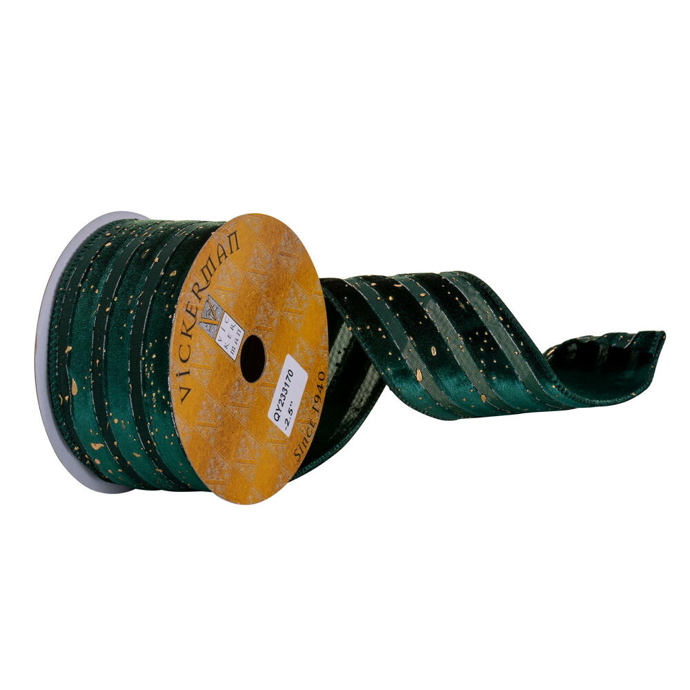 2.5”X10Y Mdnt Grn Vlvt Lne Gld Spltr Rbn