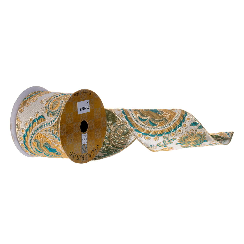4”X10Y Gold/Teal Paisley Ribbon