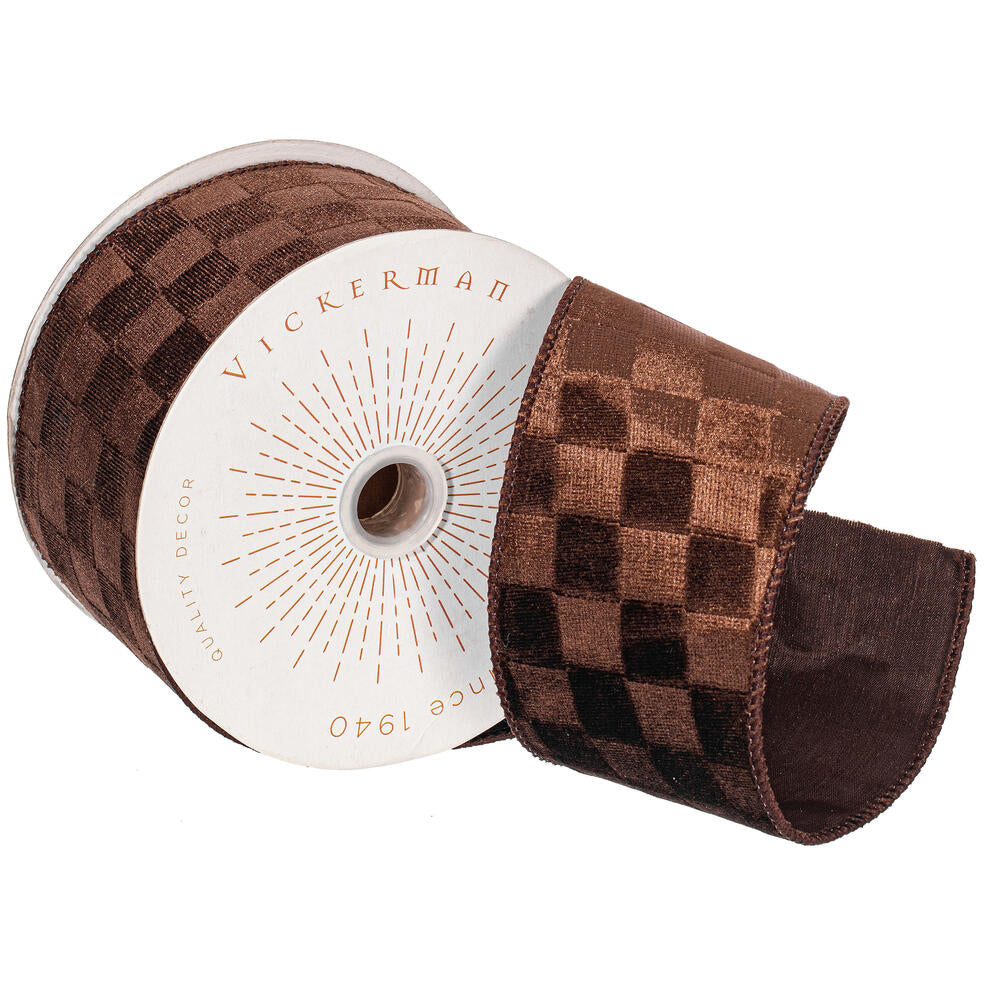 2.5″x10yd Brown Velvet Checkered Satin