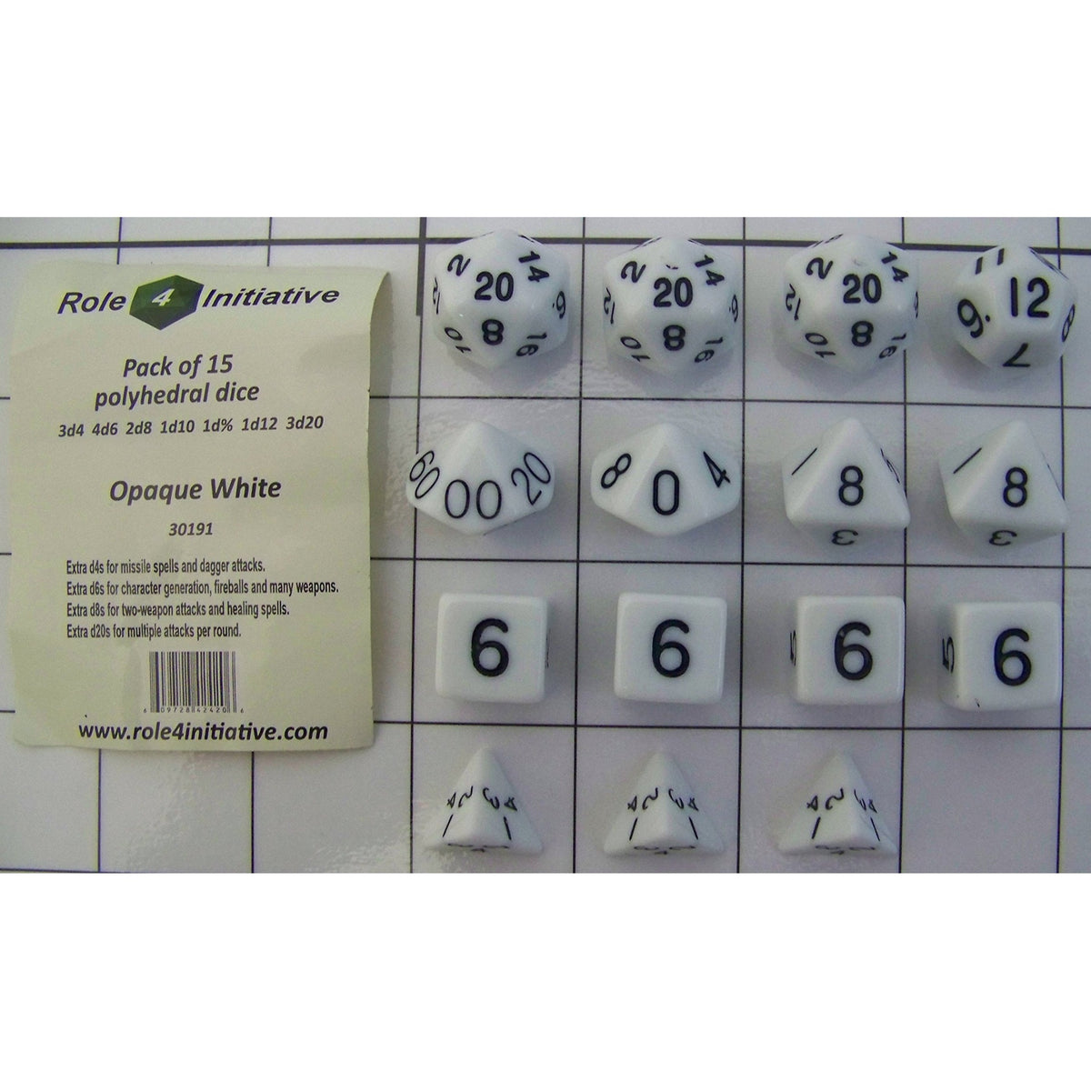 Pack Of 15 Rpg Polyhedral Dice, Opaque White: 3D4 4D6 2D8 D10 D% D12 3D20