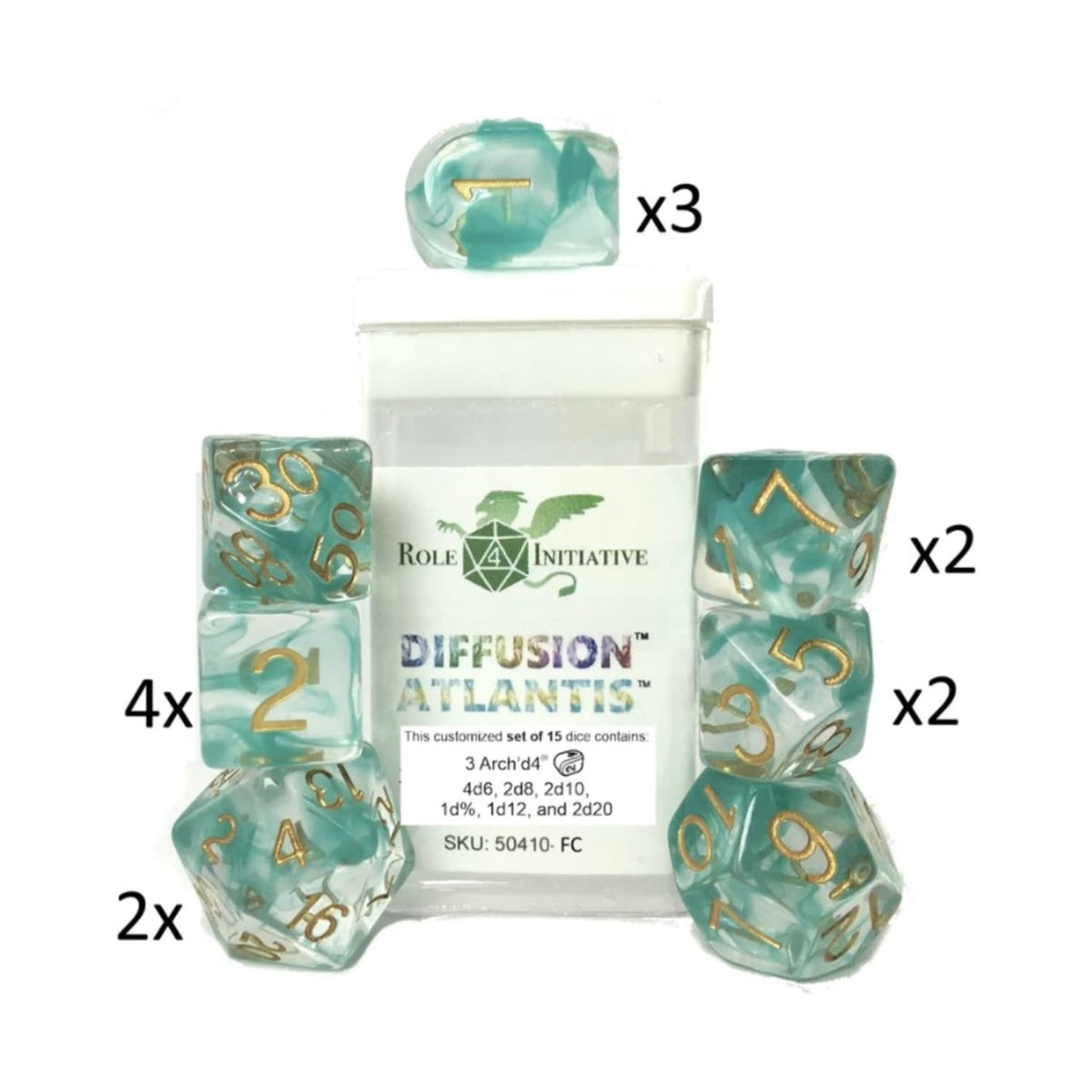 Role 4 Initiative Polyhedral Dice - Atlantis, Arch'D D4'S W/White Numbers (15)