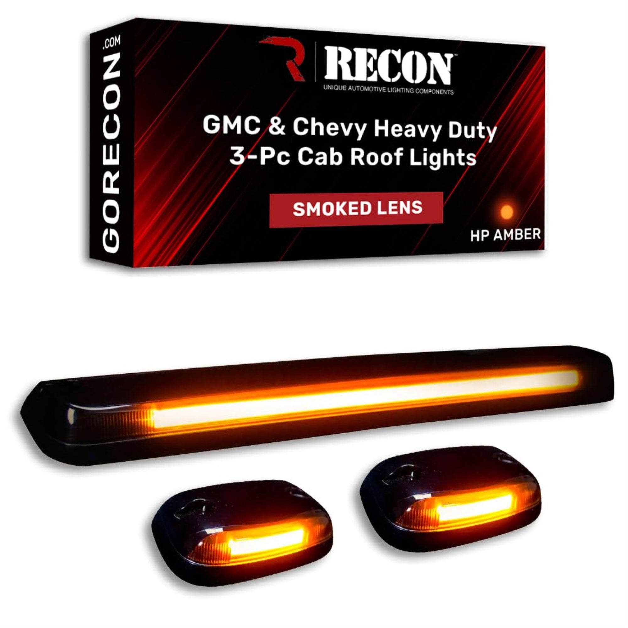 Recon - Fits 2007-2014 Gmc Sierra & Chevy Silverado 2500/3500 Series 3-Piece Cab Roof Light Set Oled High Power Amber Lights Bar Style Lights (Amber Led, Smoked Lens)