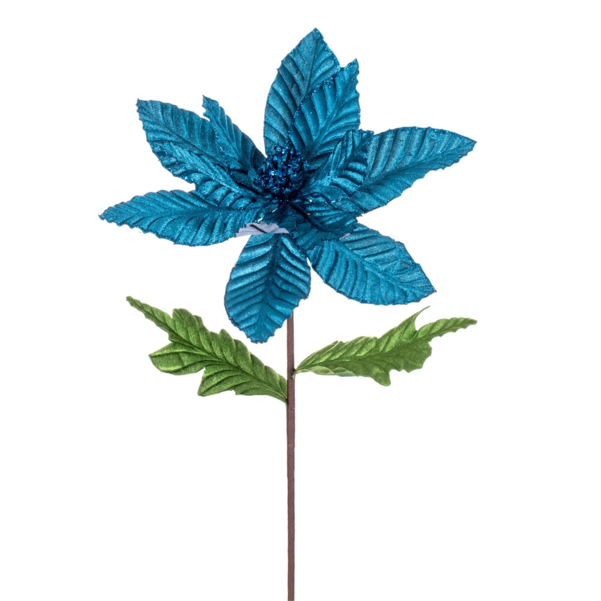 Vickerman 22” Turquoise Velvet Glitter Trim Poinsettia 6 per bag.