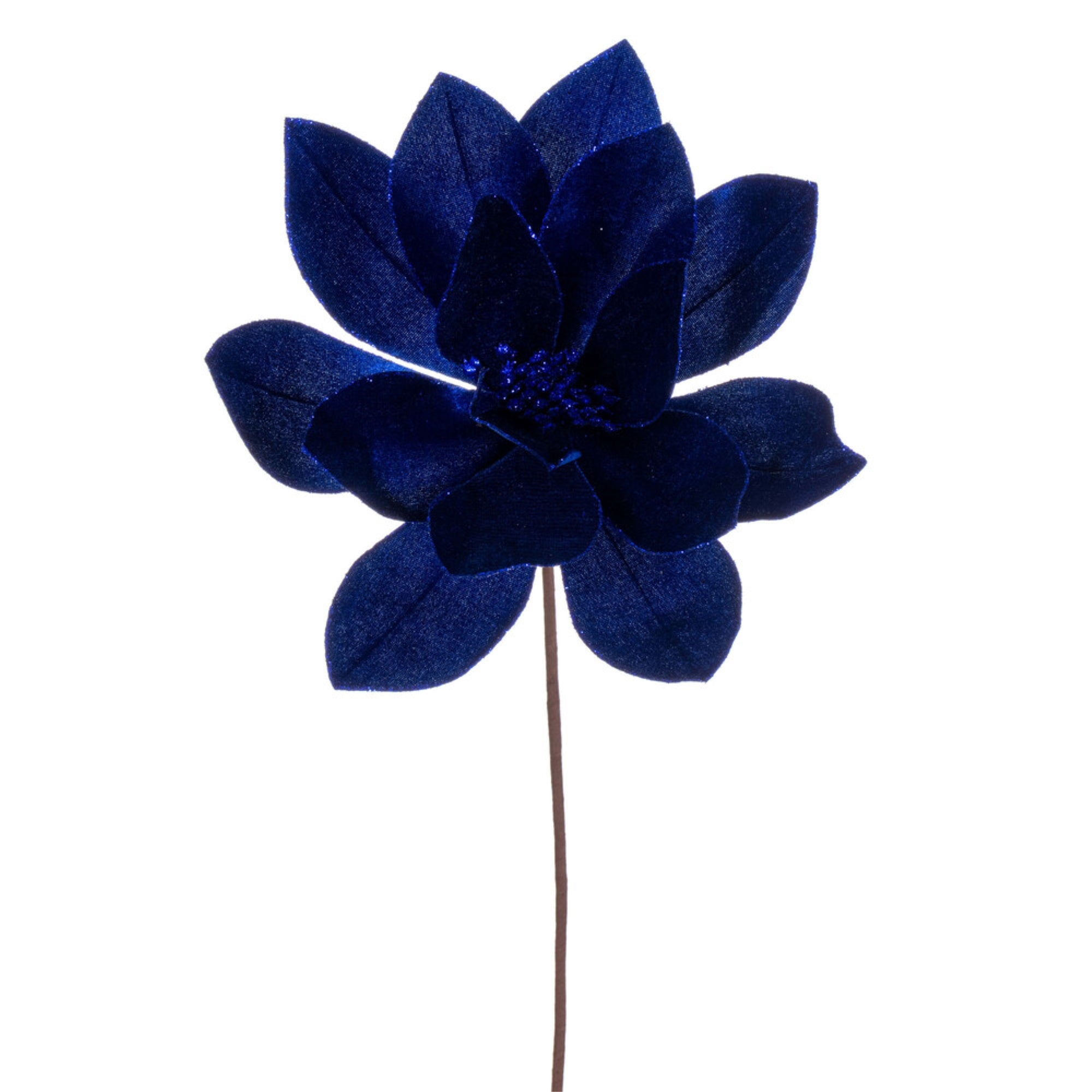 Vickerman 22” Blue Velvet Sheen Glitter Trim Poinsettia Stem 4 per bag.