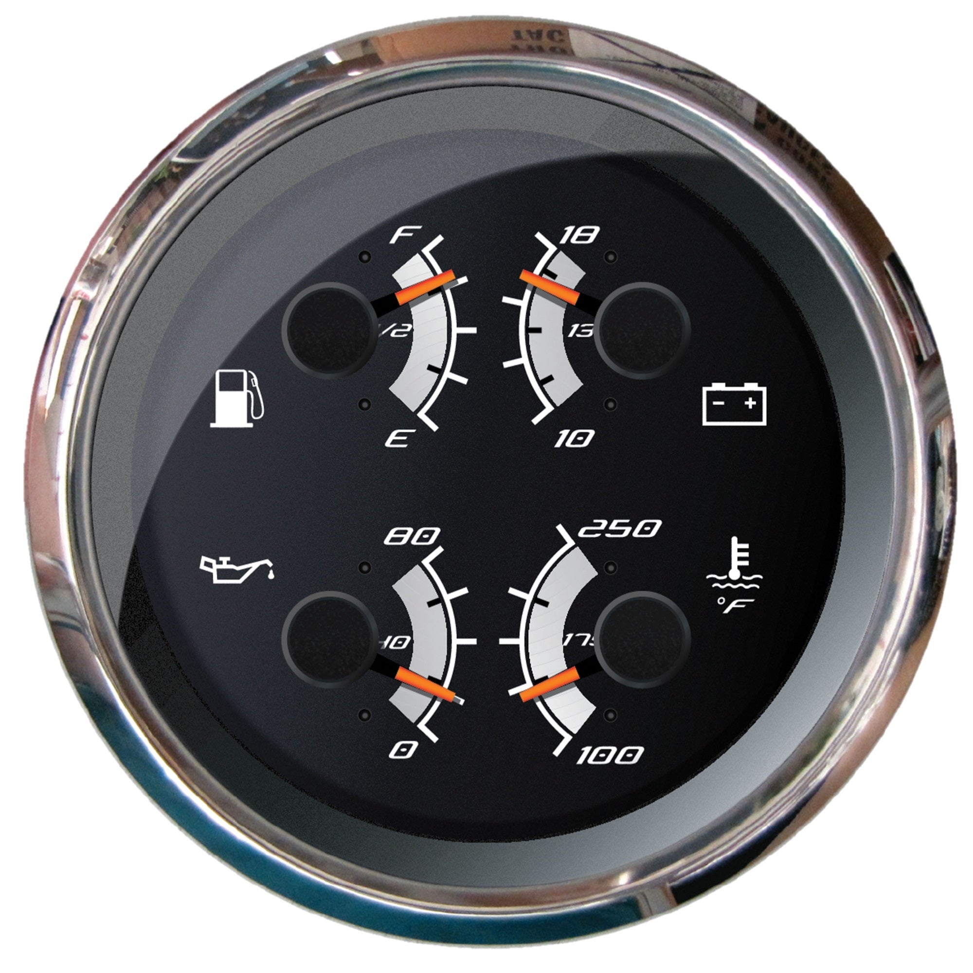 MULTIFUNCTION GAUGEFUEL LEVEL OIL PRESSURE(80 PSI) WATER TEMP(120220F) VOLTMETER(1018 VDC) 4IN