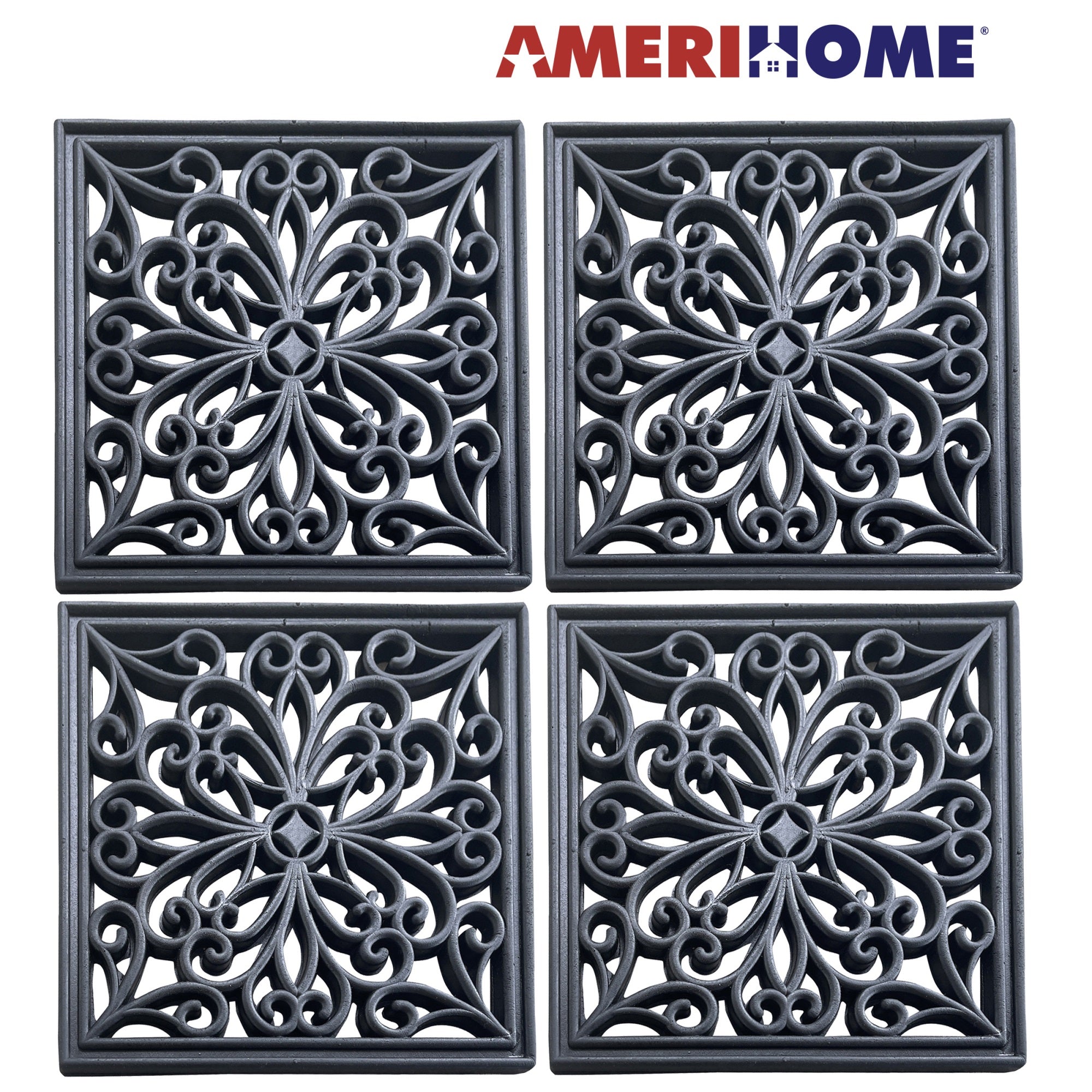 AmeriHome 4 Piece 12 inch Square RubberScrollwork  Step Mat Set