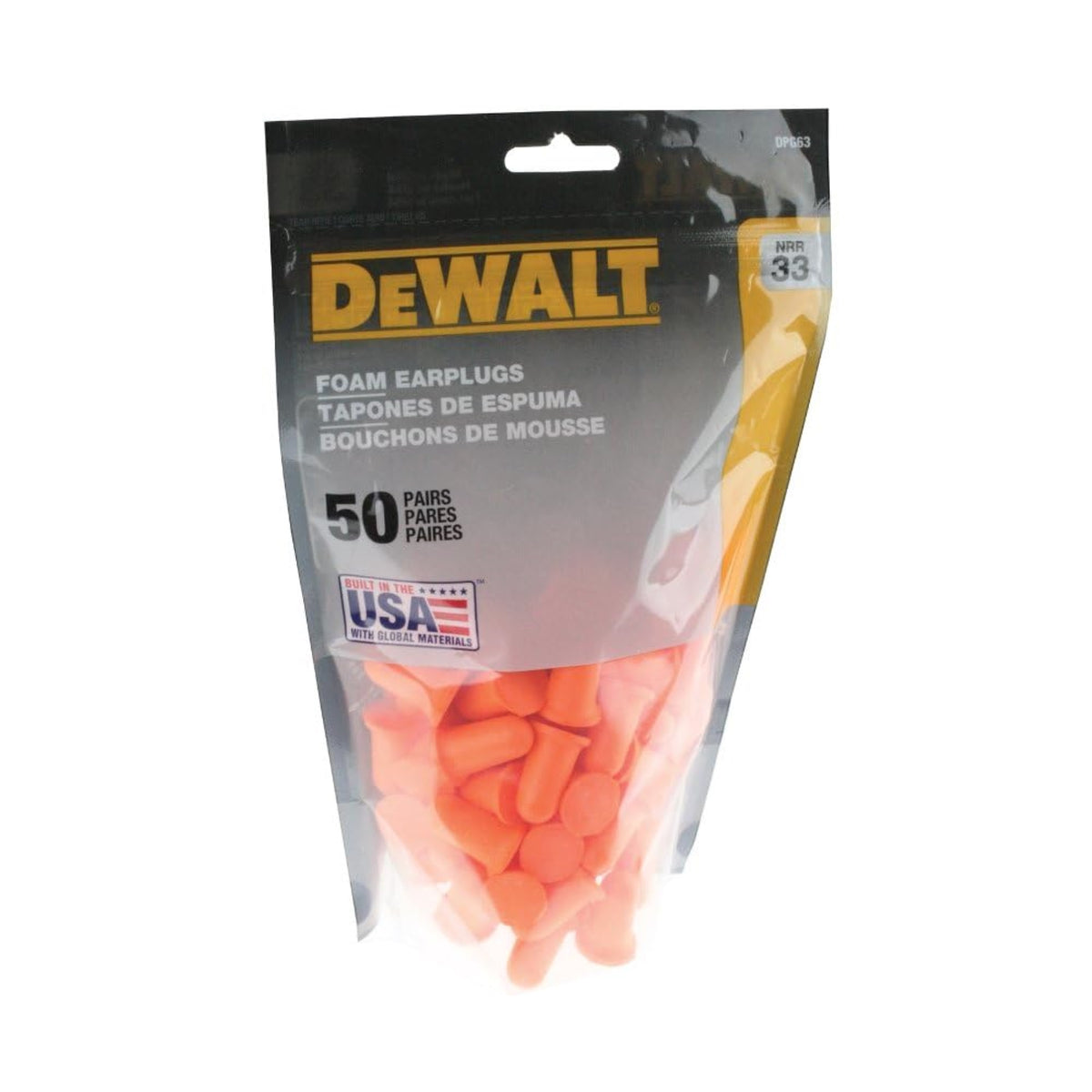 Dewalt Dpg63 Orange Bell Nrr33 Foam Earplugs - Uncorded - 50 Pair Resealable Bag
