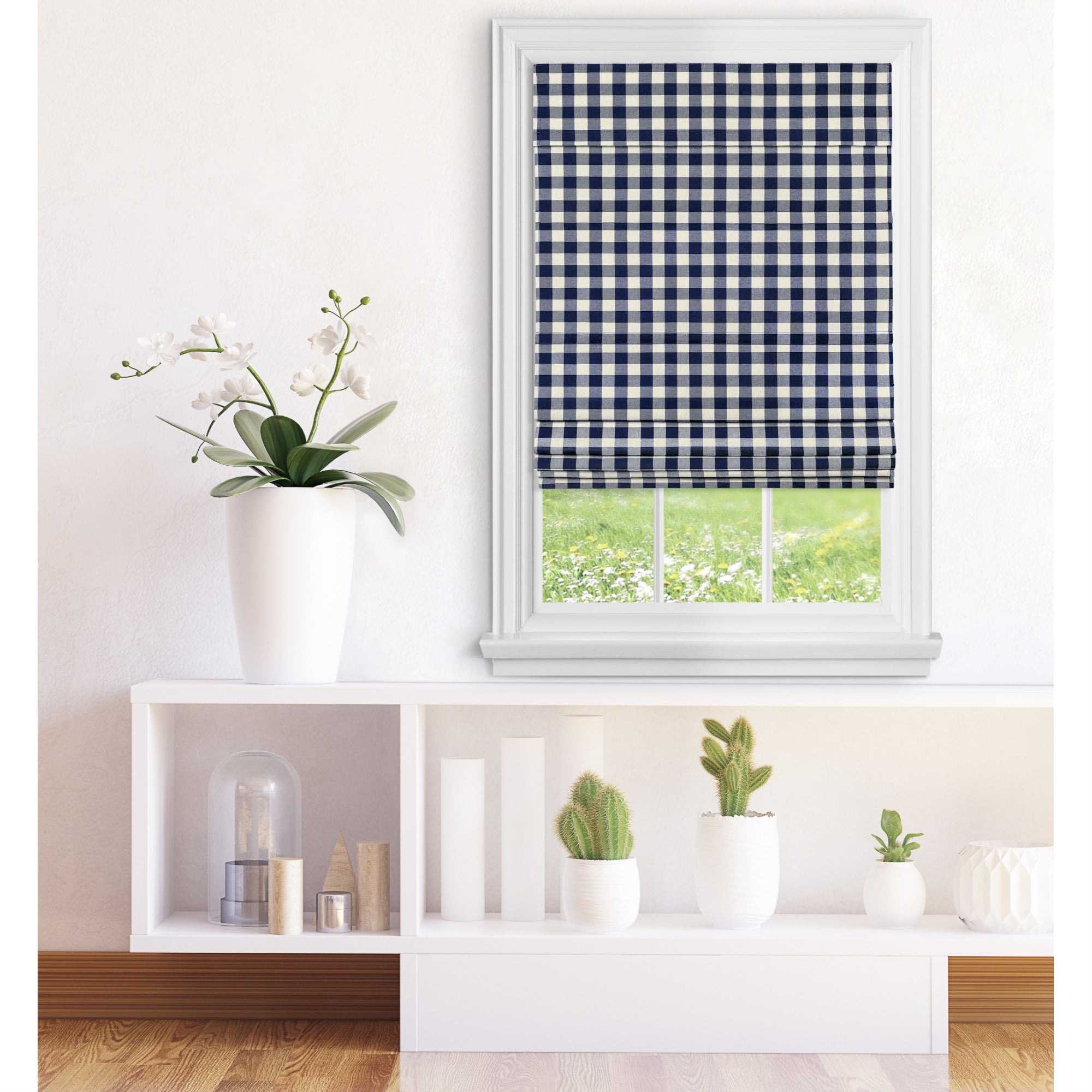 Cordless Buffalo Check Roman Window Shade 30X64 - Navy