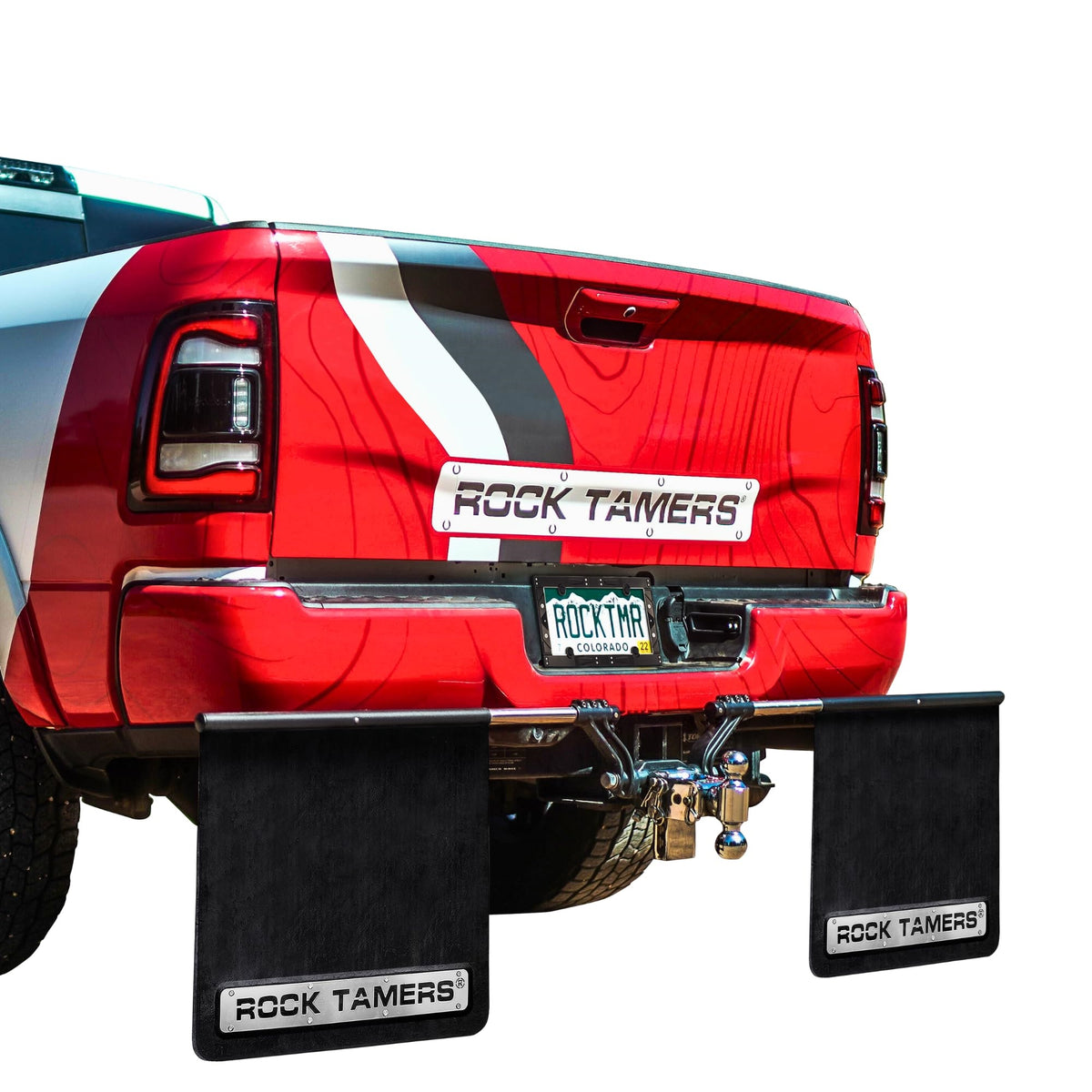 Rock Tamers 00110 - 2.5' Official Mudflap System - 2.5' Hitch Receiver - Hitch Mounted Mud Flaps To Protect What You Tow - Removeable And Adjustable-Black/Stainless Steel - 1 System