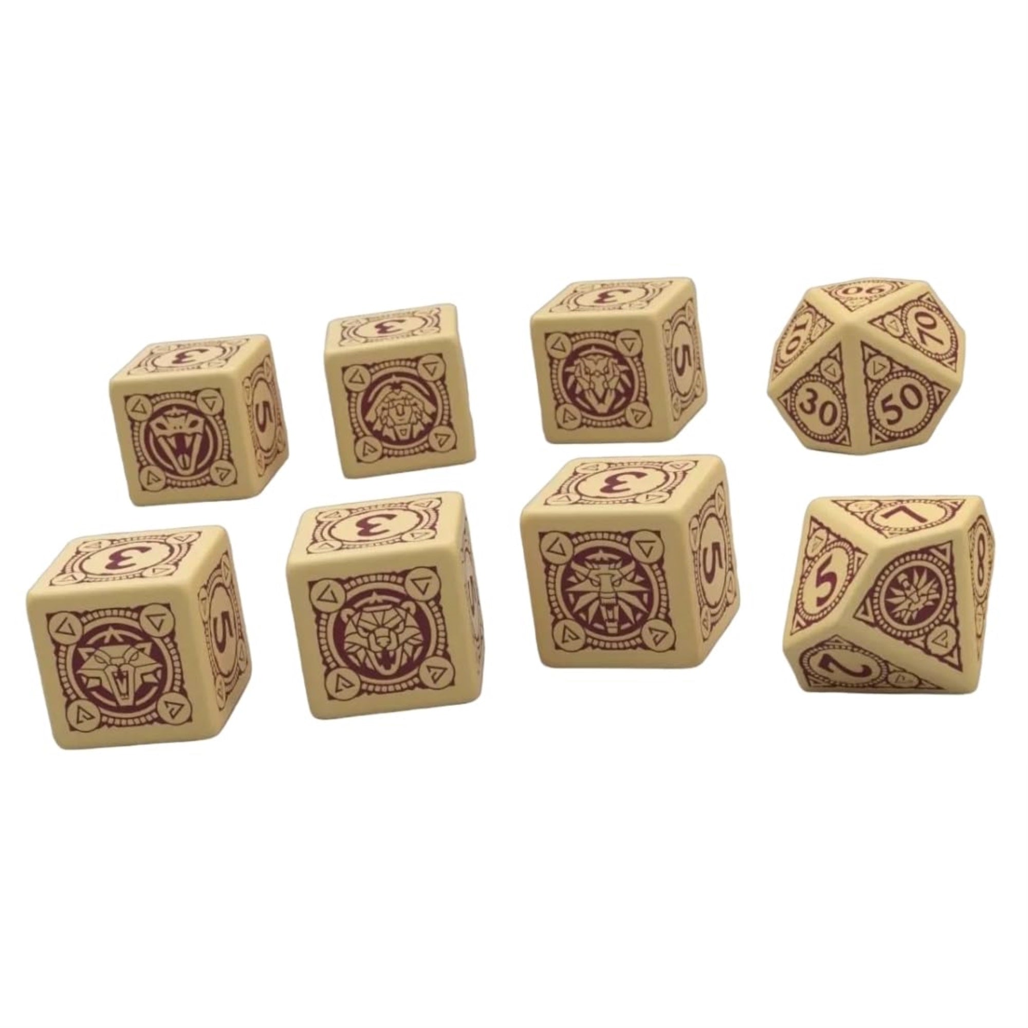 The Wticher Ttrpg Essential Dice Set - R. Talsorian Dice Set - 12Mm Bone Ivory Dice With Mahagony Details - Compatible With Ttrpg, Rpg, D&D, Dnd, Dungeons And Dragons - Includes 8 Dice - D6 D10