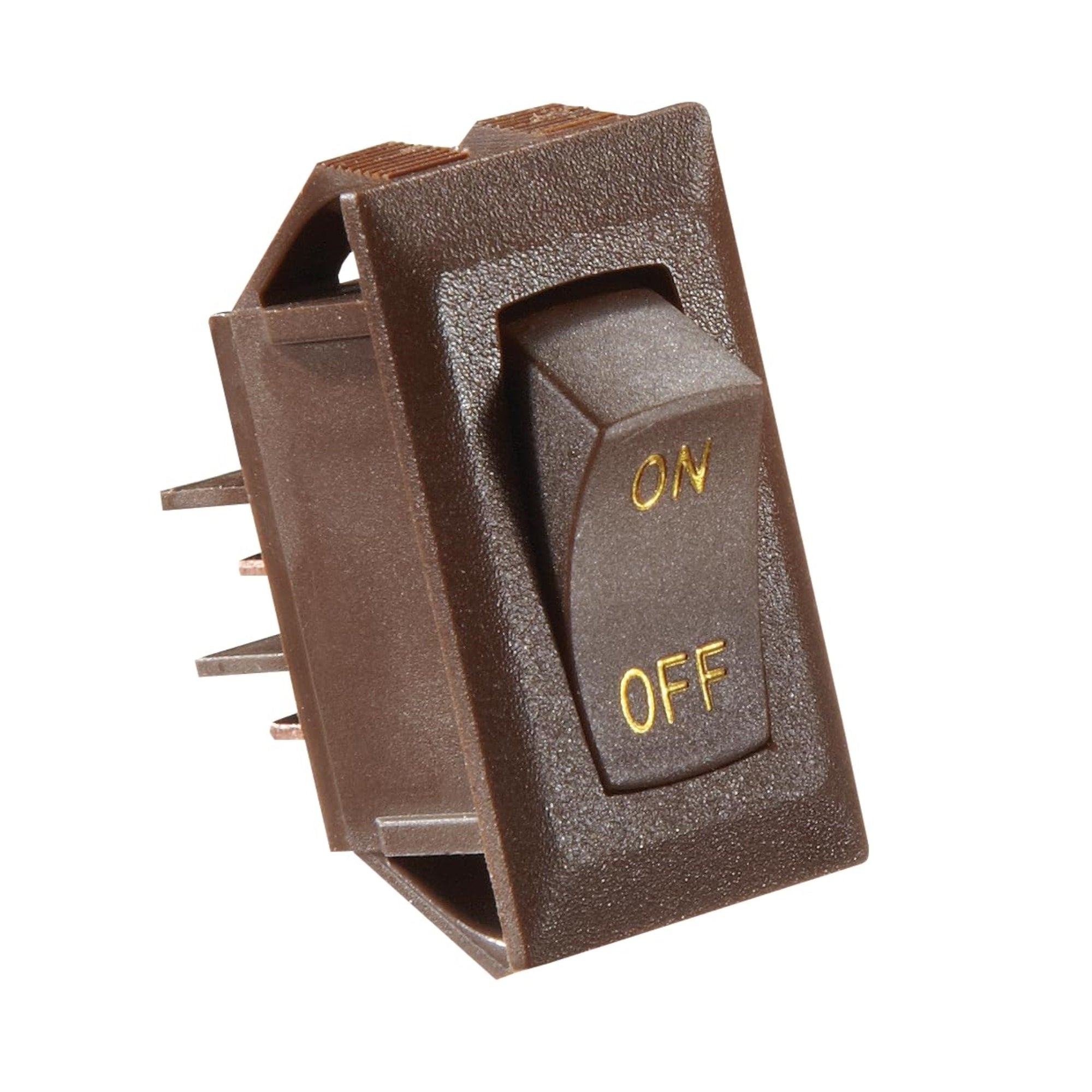 Rv Designer S273, Brown Rocker Switch W/Gold Text, 10 A, On/Off - Spst - Cut-Out .550' X 1.125'
