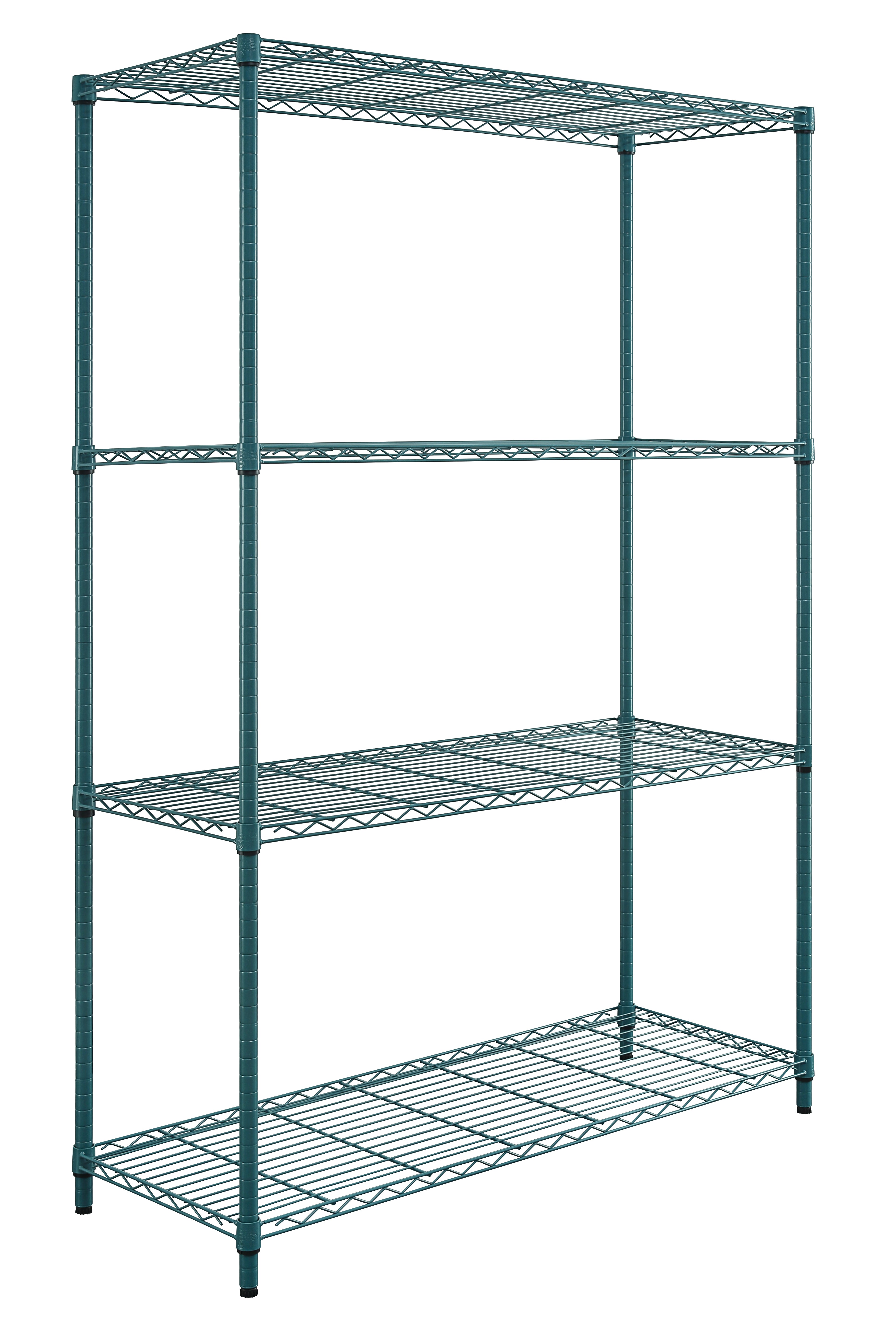 Convenient Shelving Unit Pack, 4-tier, 30"W x 18"D x 72"H, 300 lb. load capacity per shelf, includes: (4) wire shelves, (4) posts, and (4) packs of split sleeves (4 pairs each), green epoxy antimicrobial finish, NSF, shipped KD