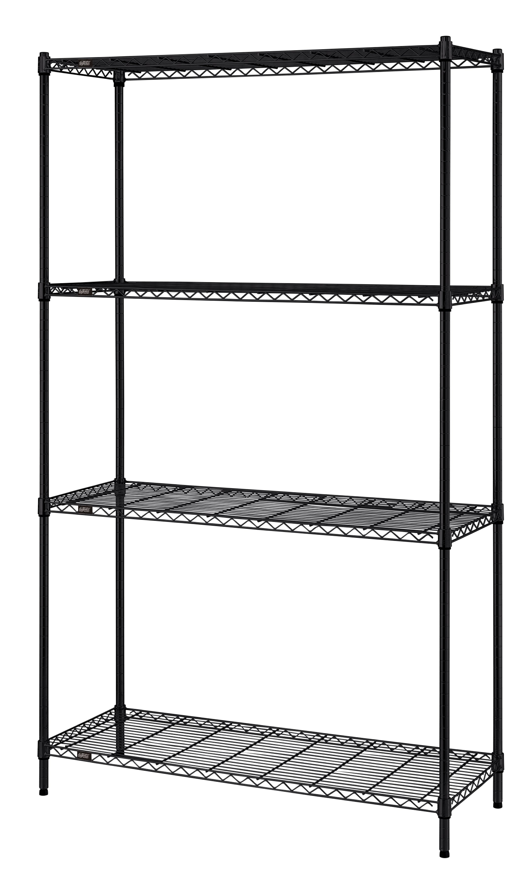 Convenient Shelving Unit Pack, 4-tier, 42"W x 24"D x 72"H, 300 lb. load capacity per shelf, includes: (4) wire shelves, (4) posts, and (4) packs of split sleeves (4 pairs each), black epoxy antimicrobial finish, NSF, shipped KD