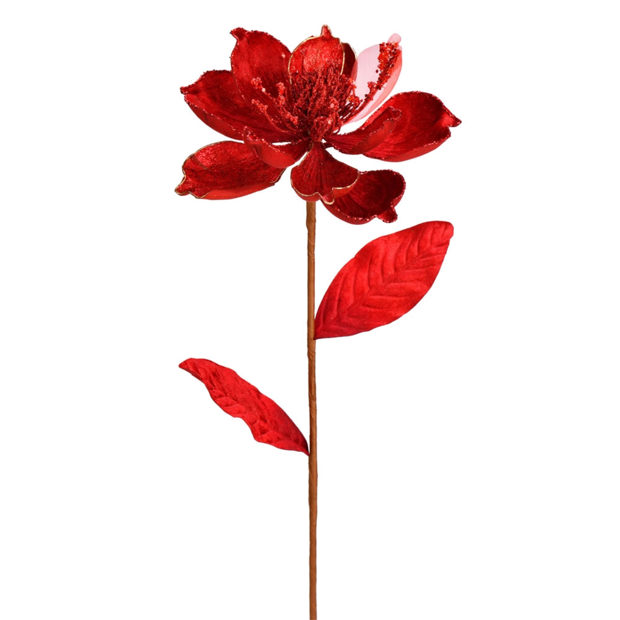 30” Red Glitter Magnolia Spray 2/Bag