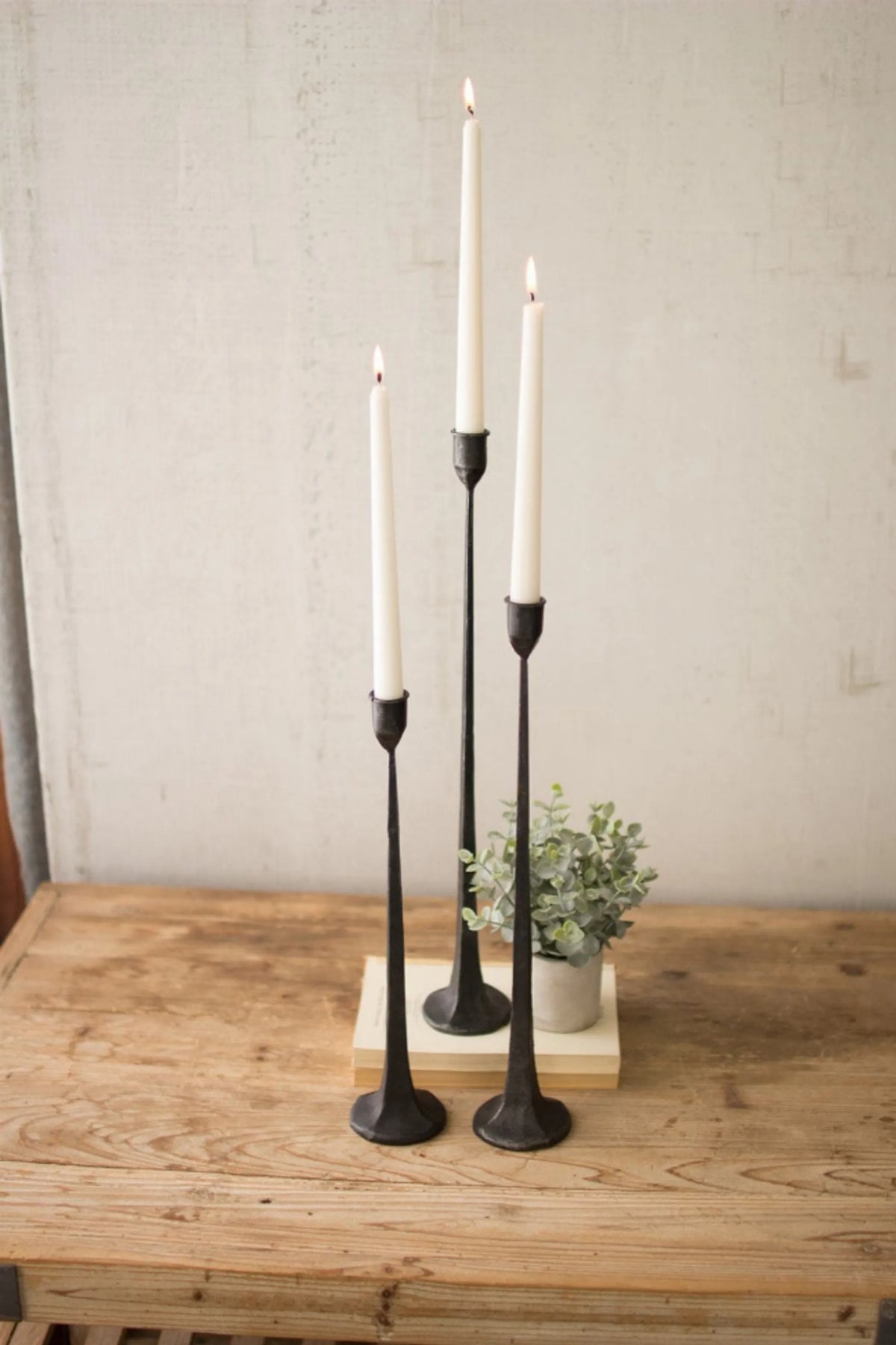 Set Of Three Tall Cast Iron Taper Candle Holders