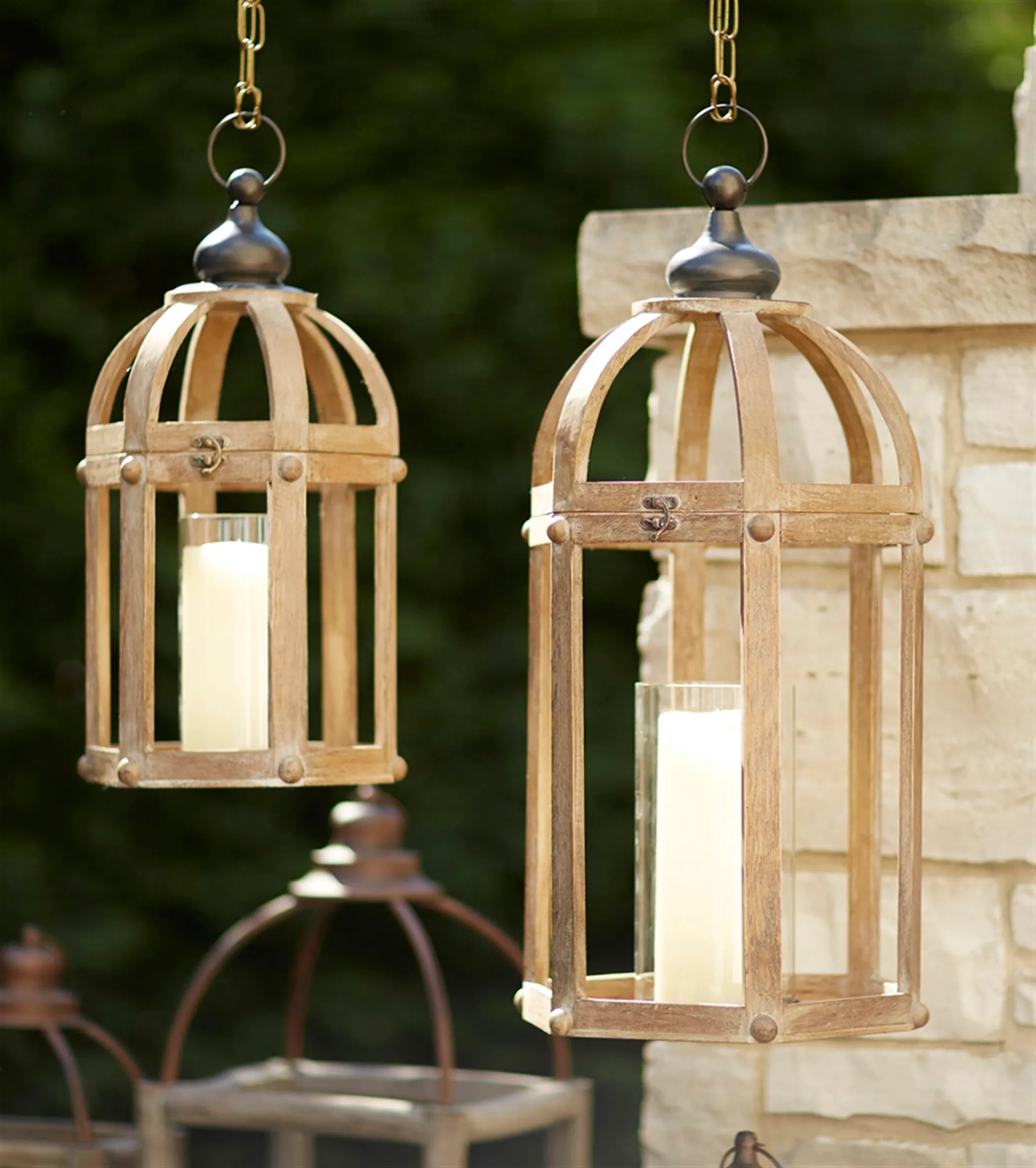 Lanterns (Set Of 2) 21'H, 28'H Wood/Metal/Glass