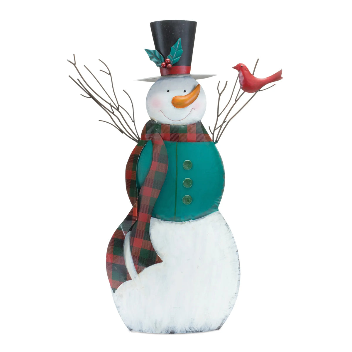 Metal Snowman With Cardinal Bird
