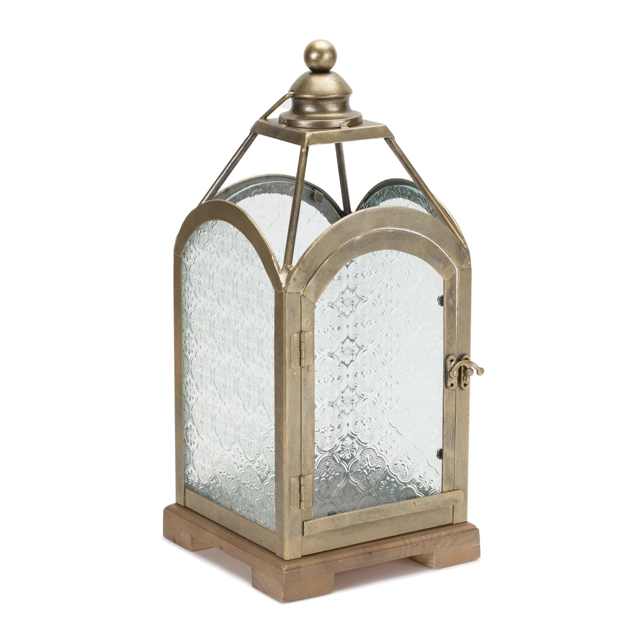 Pewter Metal Lantern With Ornate Glass