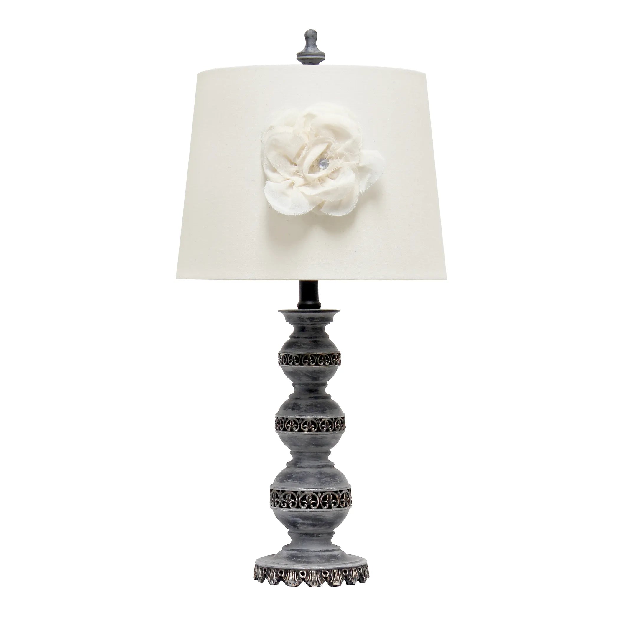 Lalia Home Elegant Embellished Table Lamp With Flower Adornment, Linen Shade, For Living Room, Office, Entryway, Nightstand, Dining Room