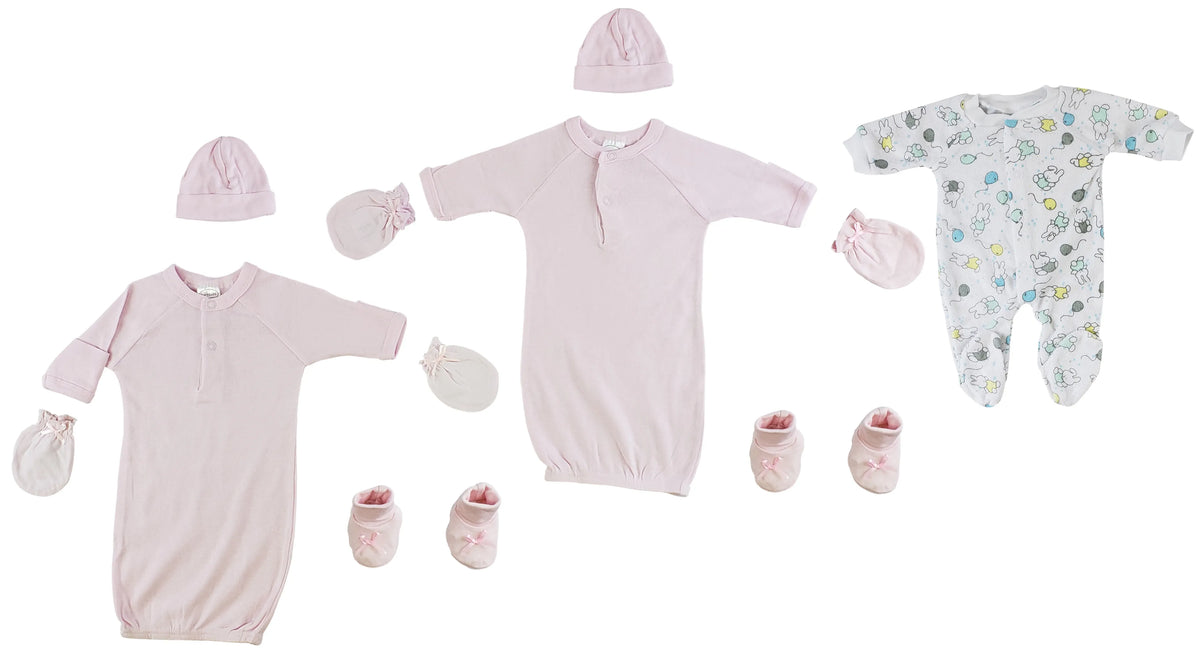 Bambini Preemie Girls Gowns, Sleep-N-Play, Caps, Mittens And Booties - 8 Piece Set