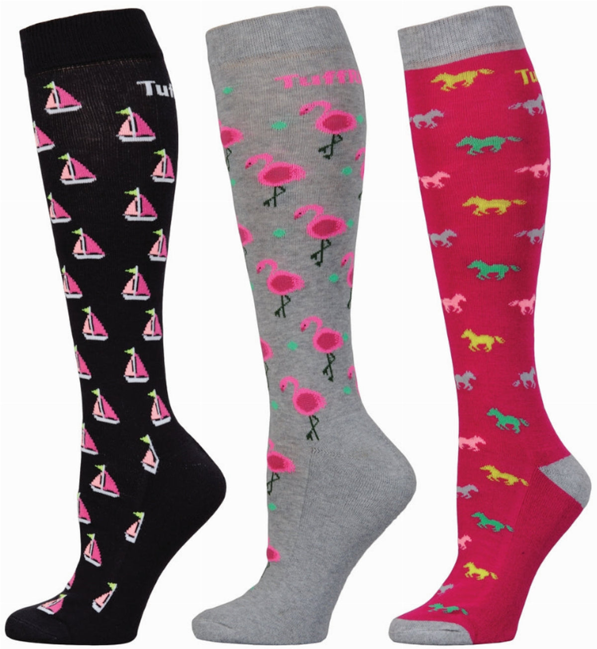 Tuffrider Ladies Flamingo/Boat/Horse Knee Hi Socks - 3 Pack