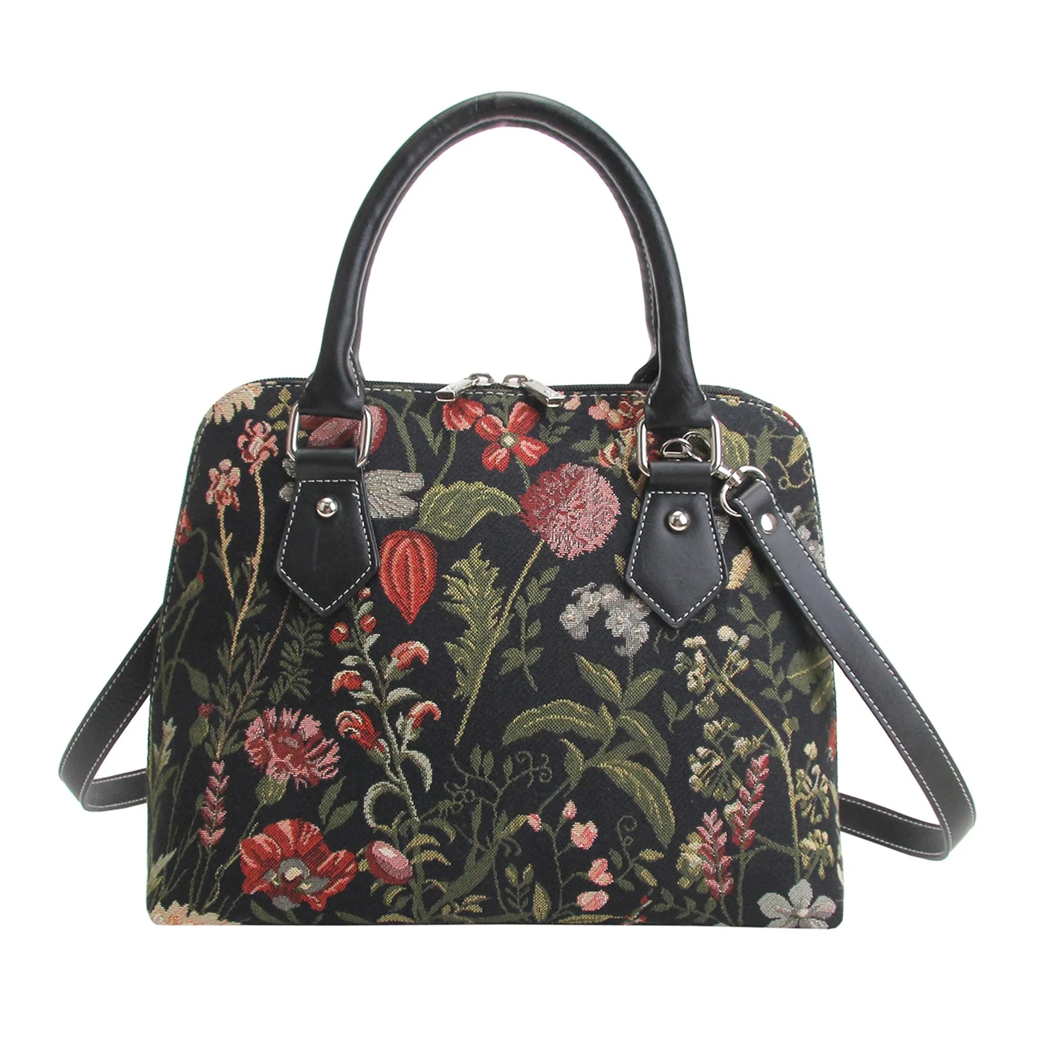 Morning Garden Black Convertible Top Handle Purse Handbag