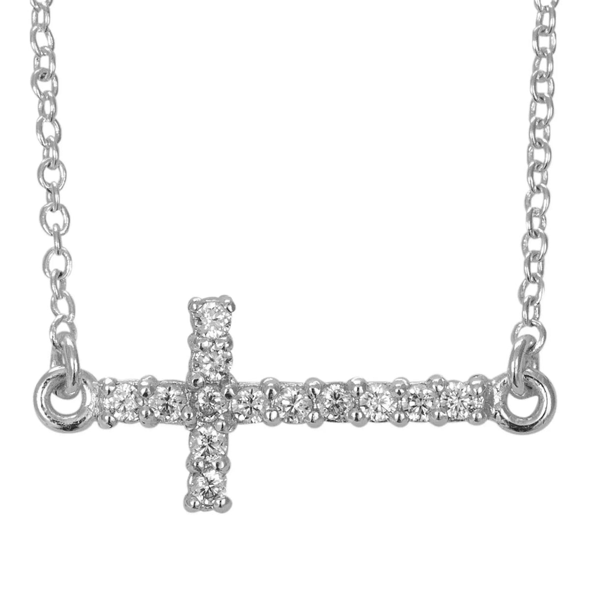 Silver Plated Cubic Zirconia Sideways Cross Necklace