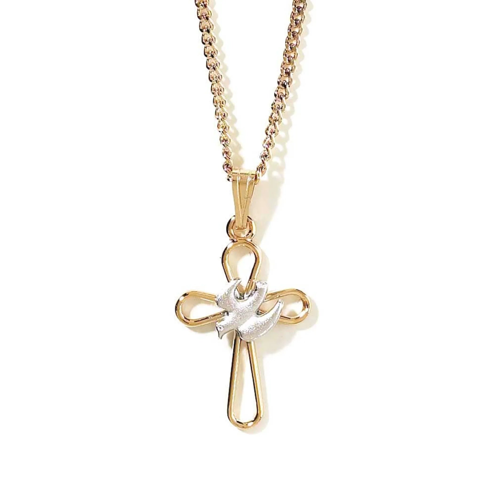 Plated Open Petal Cross With Dove Necklace