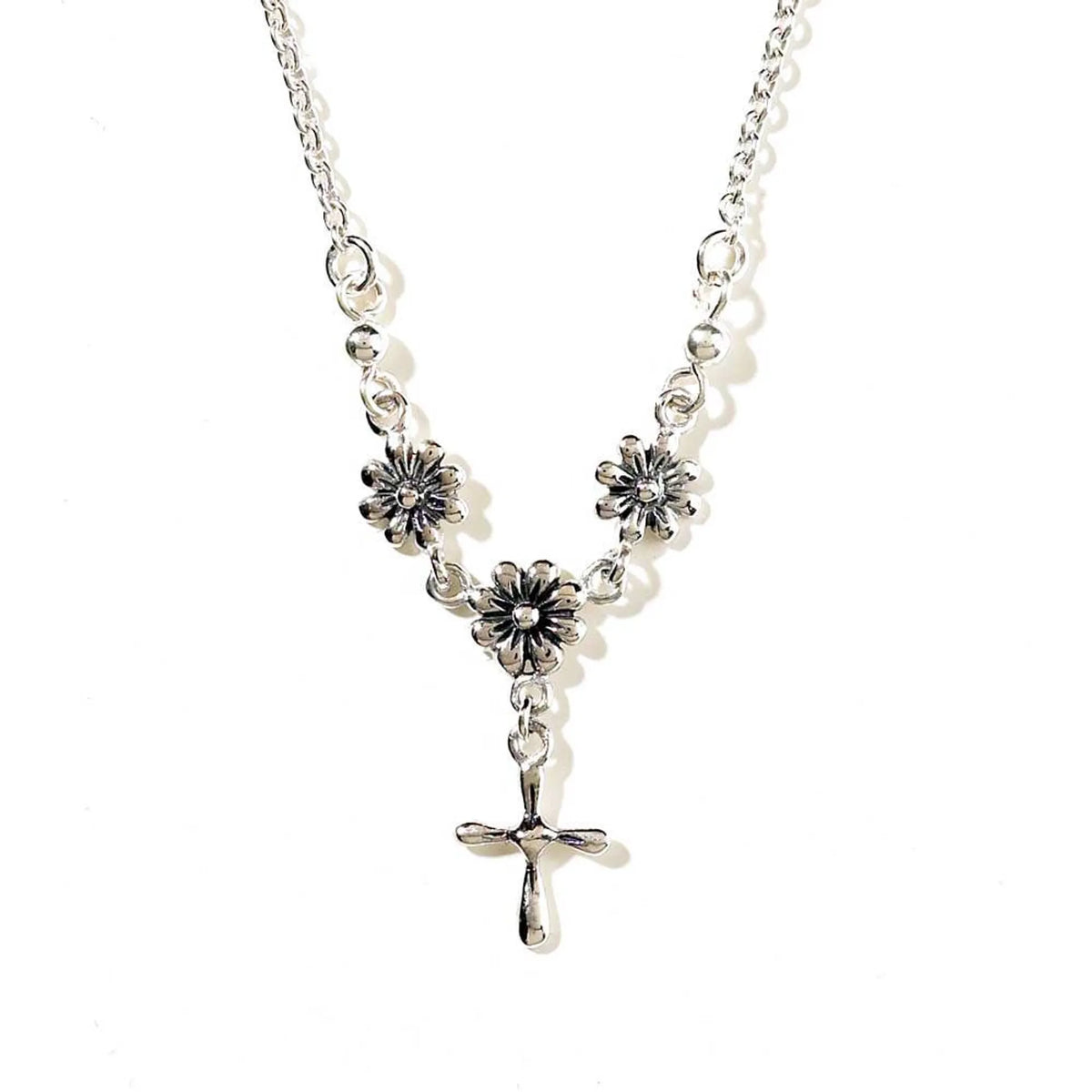 Silver Plated Cross With Flowers Necklace