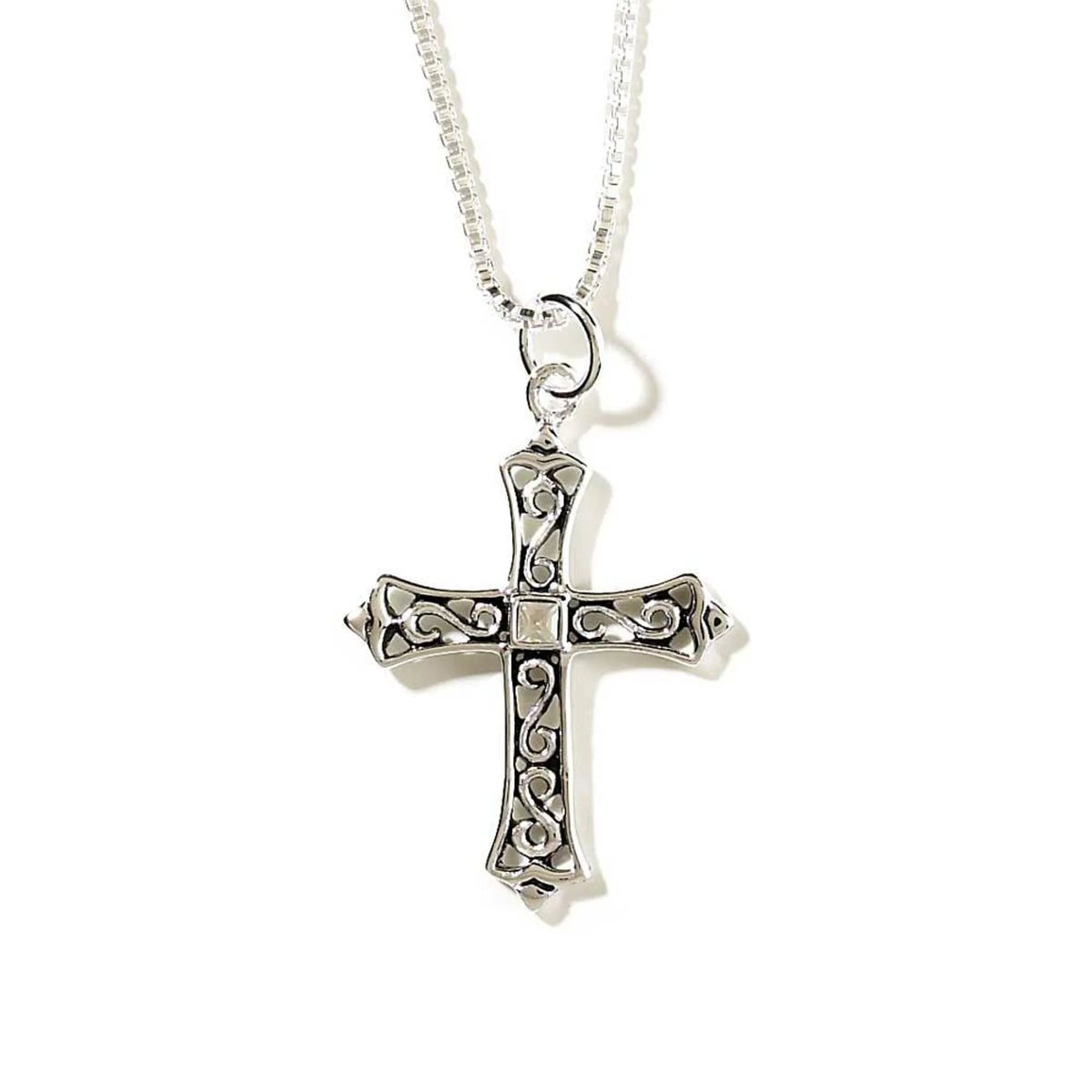 Open Scroll Budded Cross With Square Center Necklace