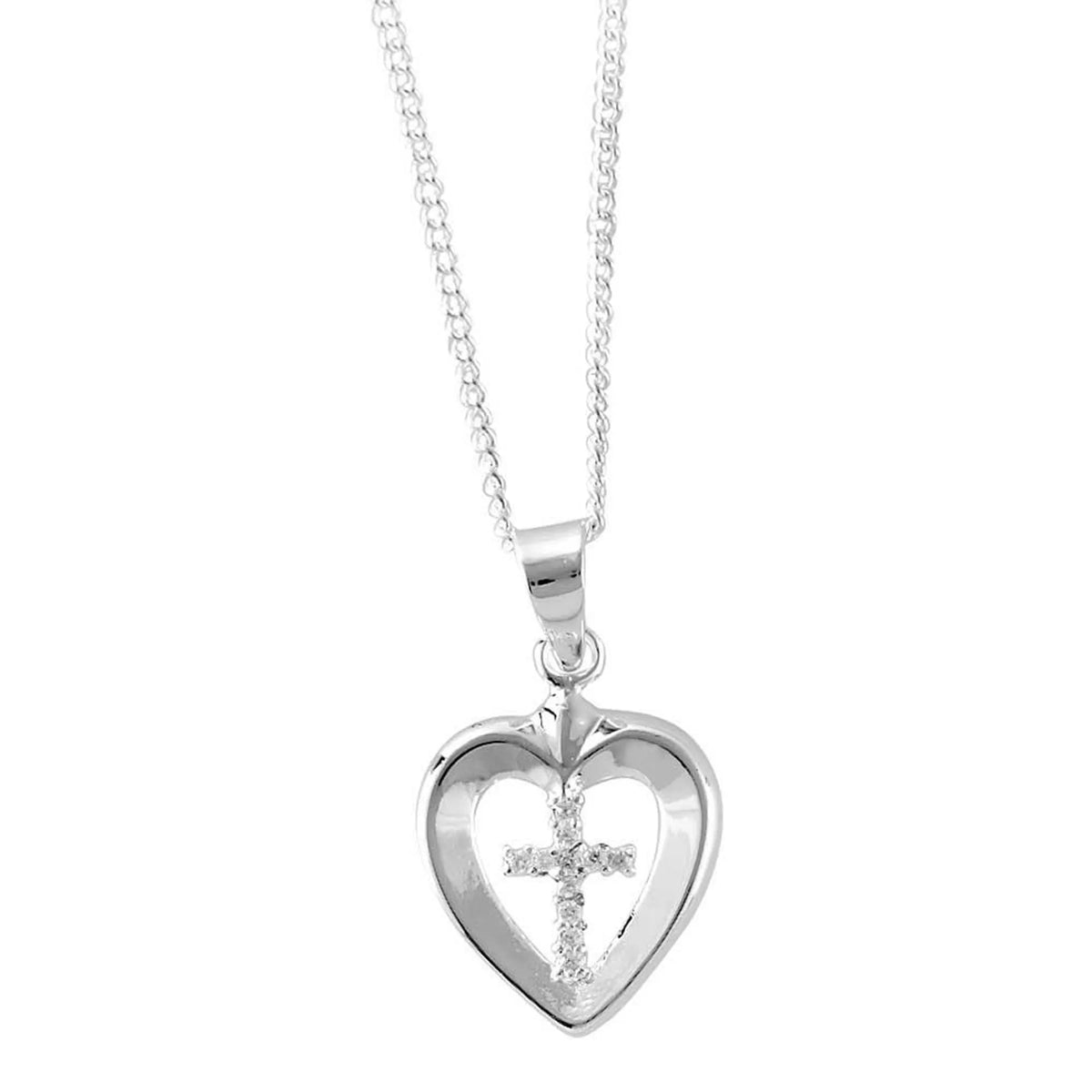 Silver Plated Heart Cross With Stones Necklace