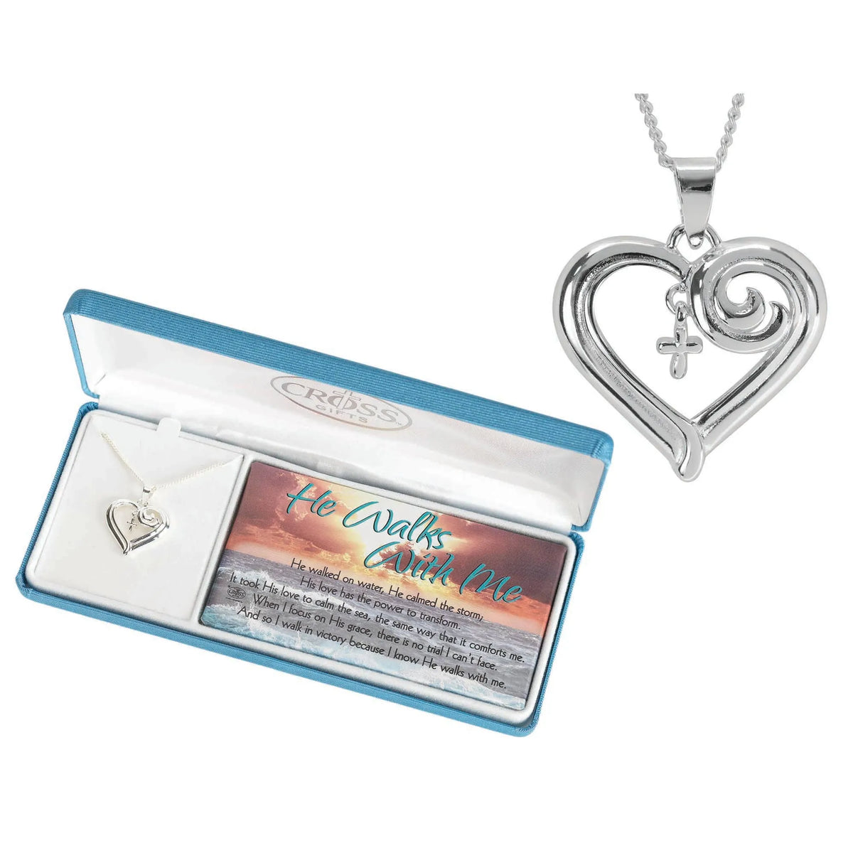 He Walks With Me Wave Heart With Cross Necklace