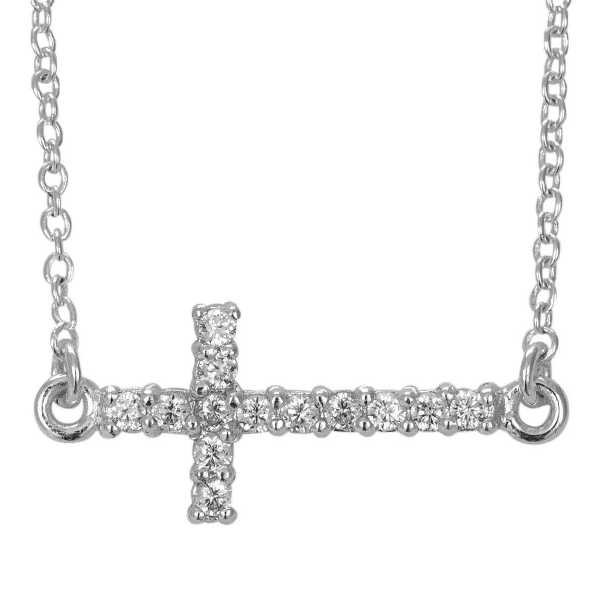 Sideways Cz Cross Silver Plate  Chain